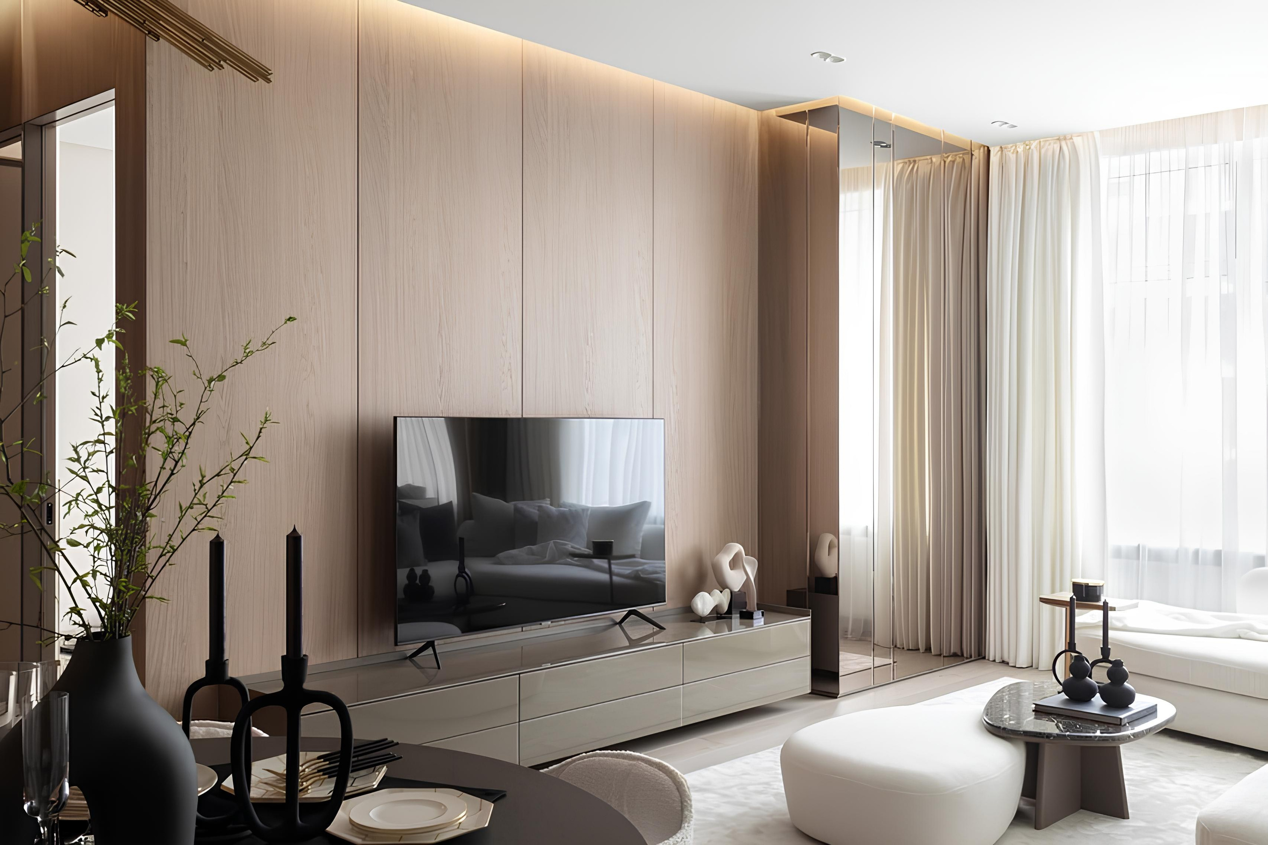 Реализованный интерьер гостиной ТВ-зоной по дизайн-проекту