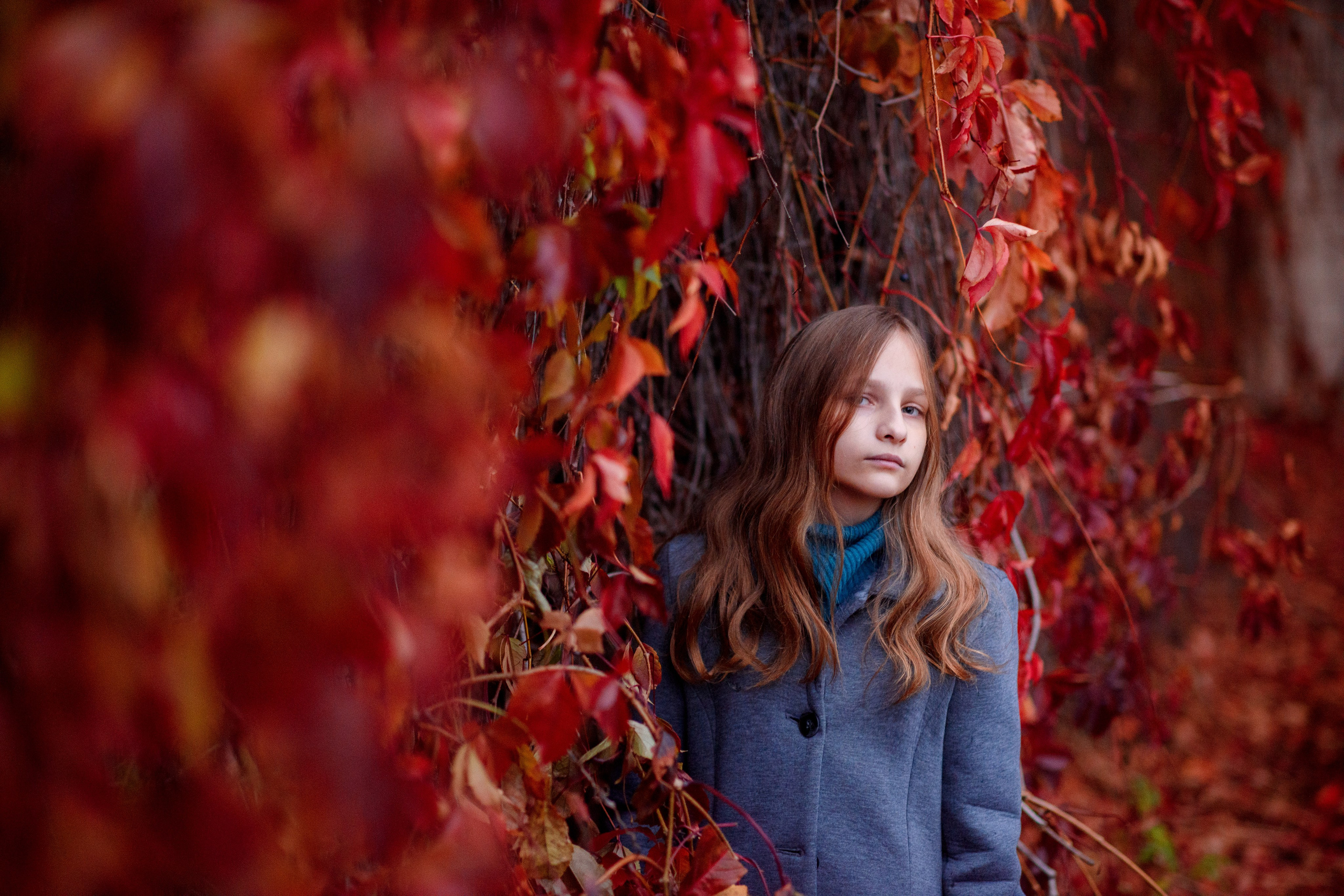 Фотосессия на фоне красного дикого винограда. Главная