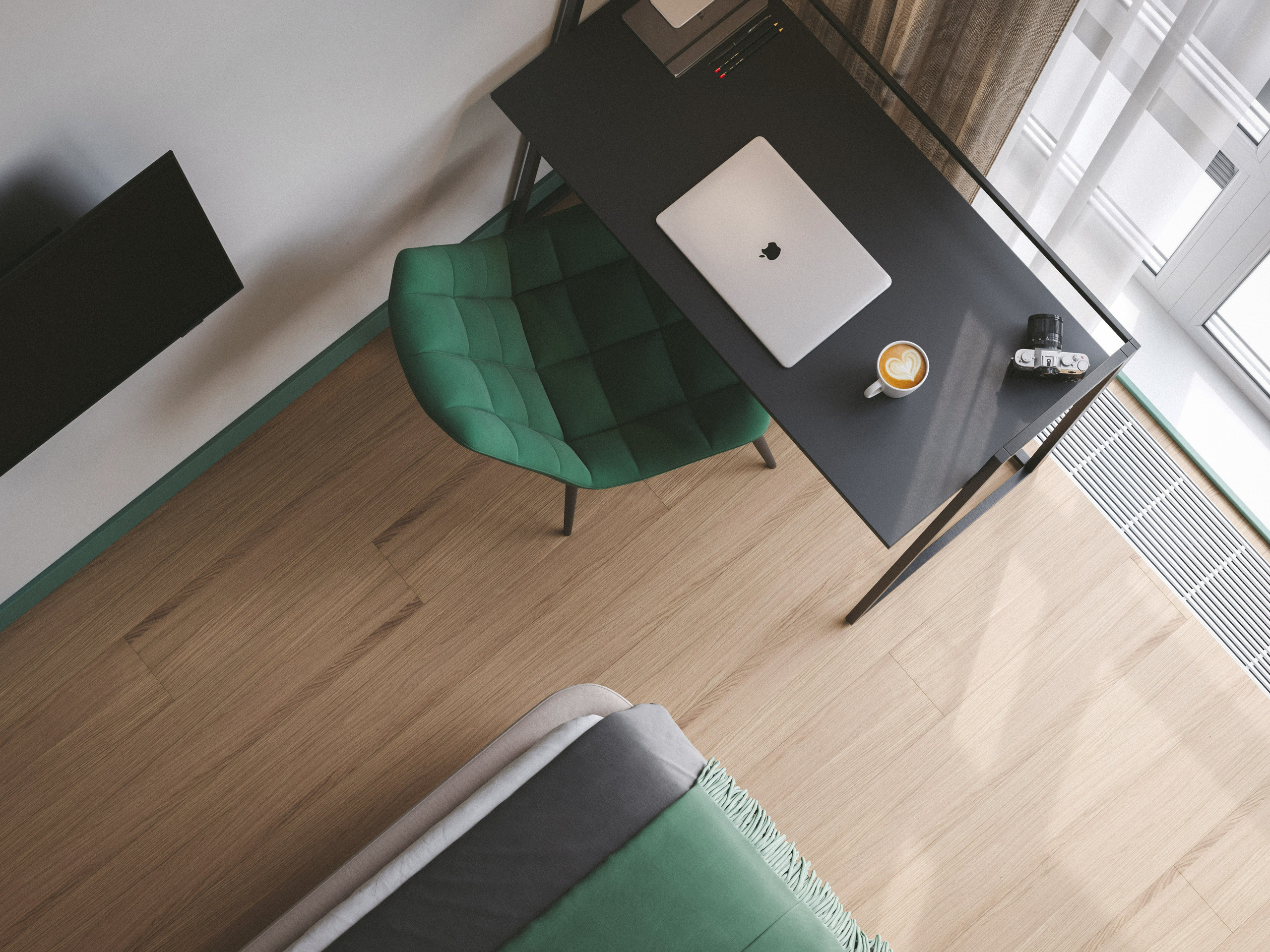 Рабочий стол у окна в пол в спальне с минималистичной мебелью