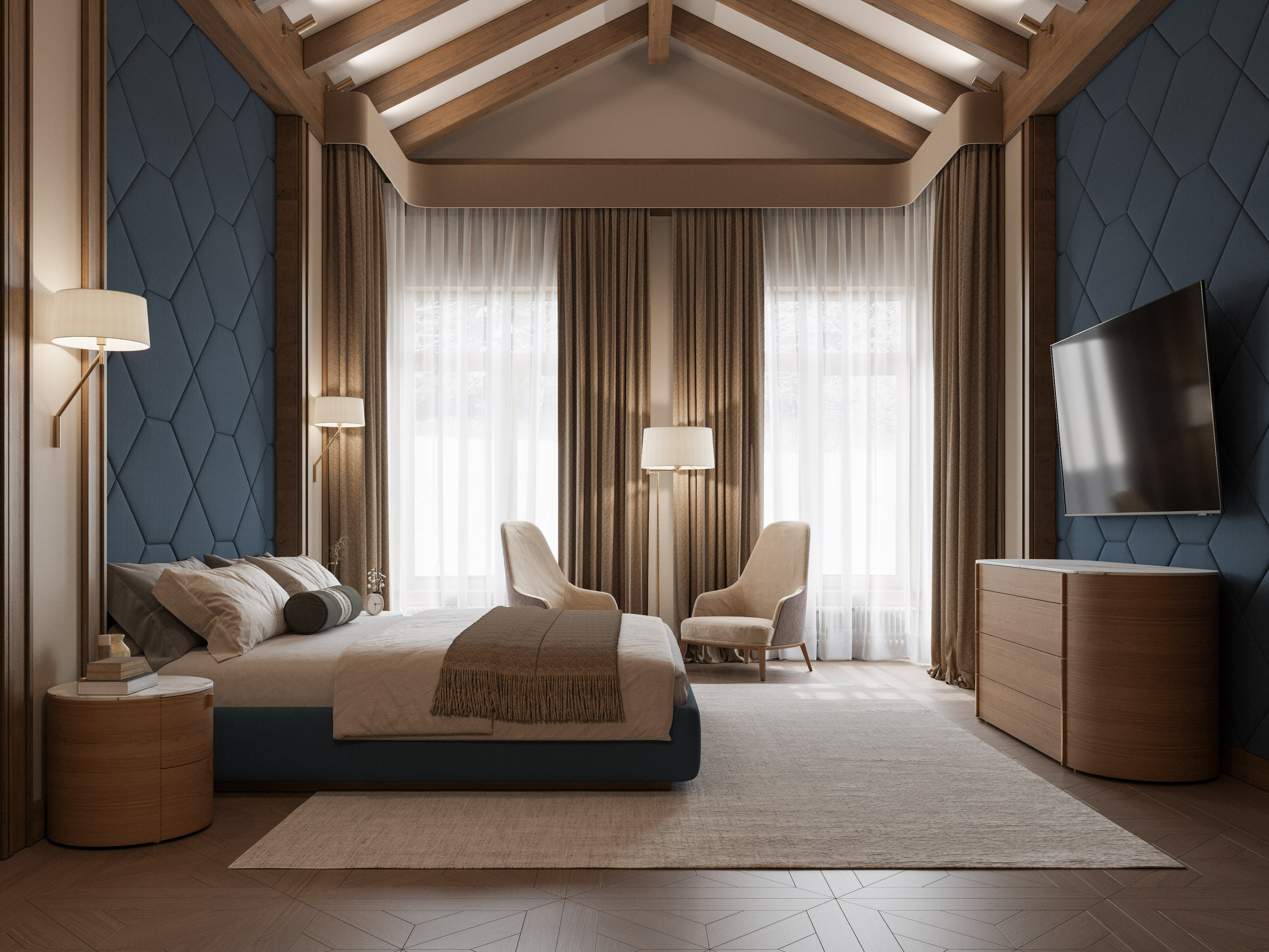 Современная спальня в бревенчатом доме с большими окнами и стильной мебелью