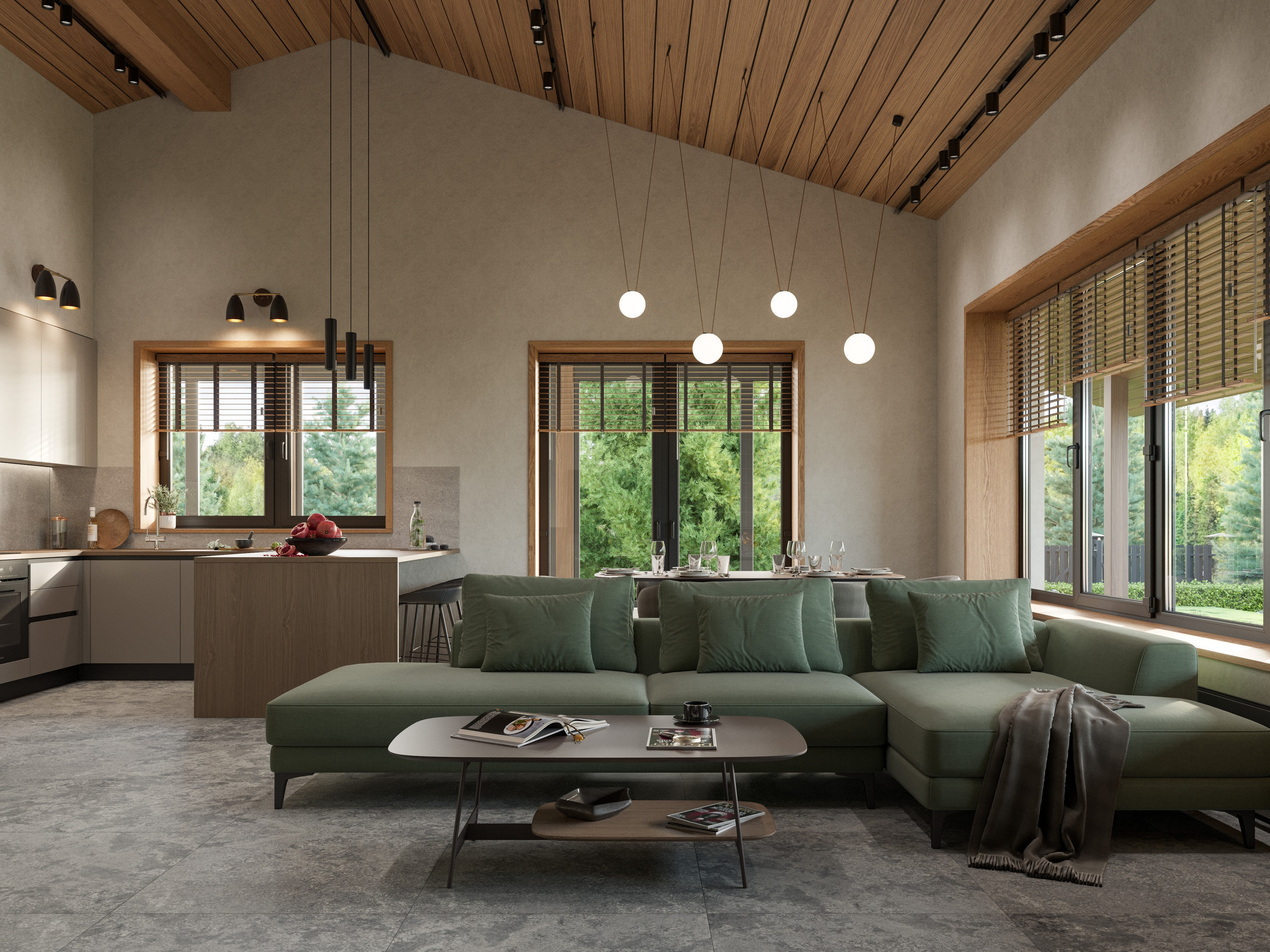 Гостиная в одноэтажном доме с панорамным окном и минималистичной мебелью