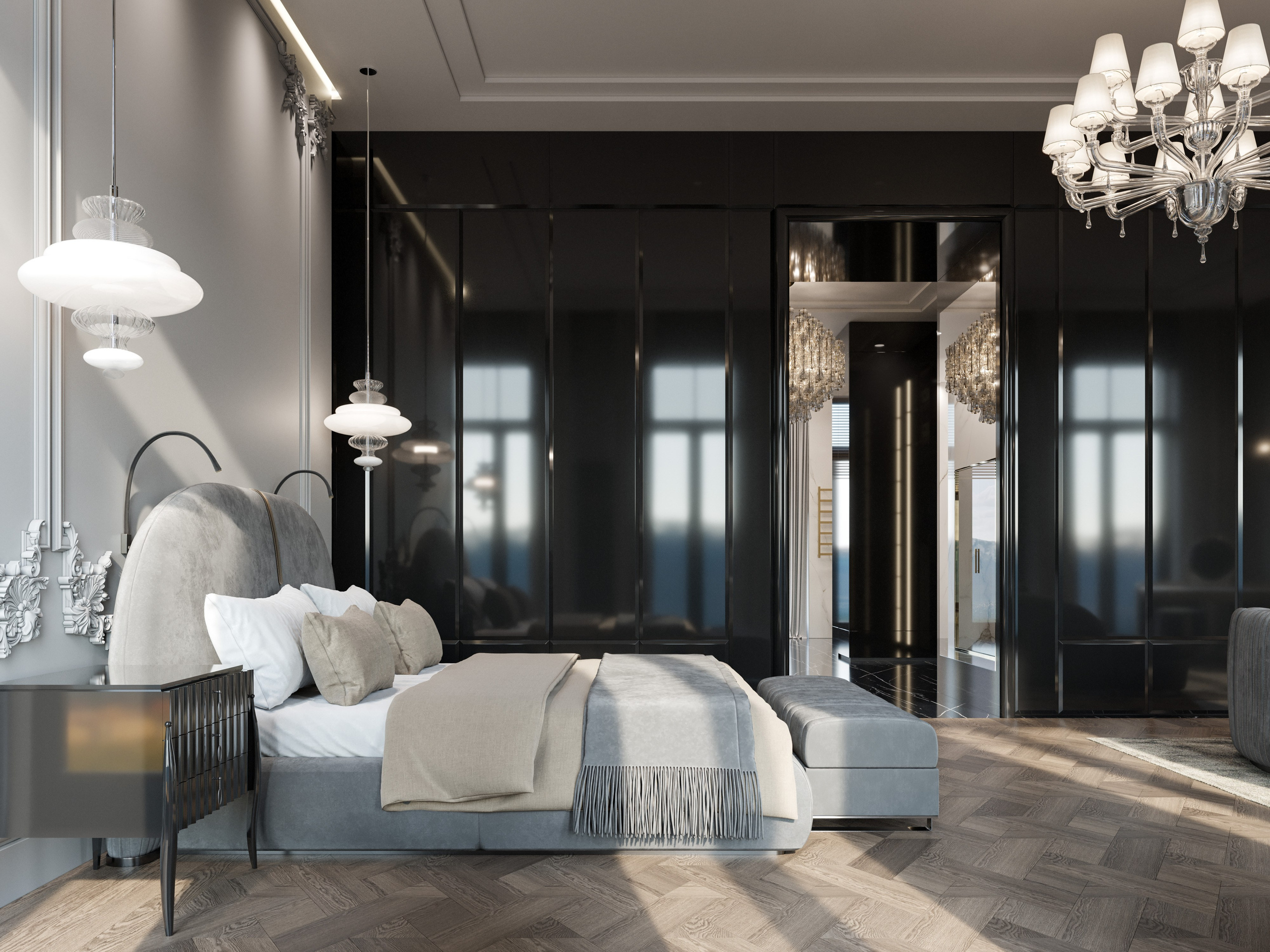 3D визуализация кровати с серым бархатным изголовьем в белой спальне