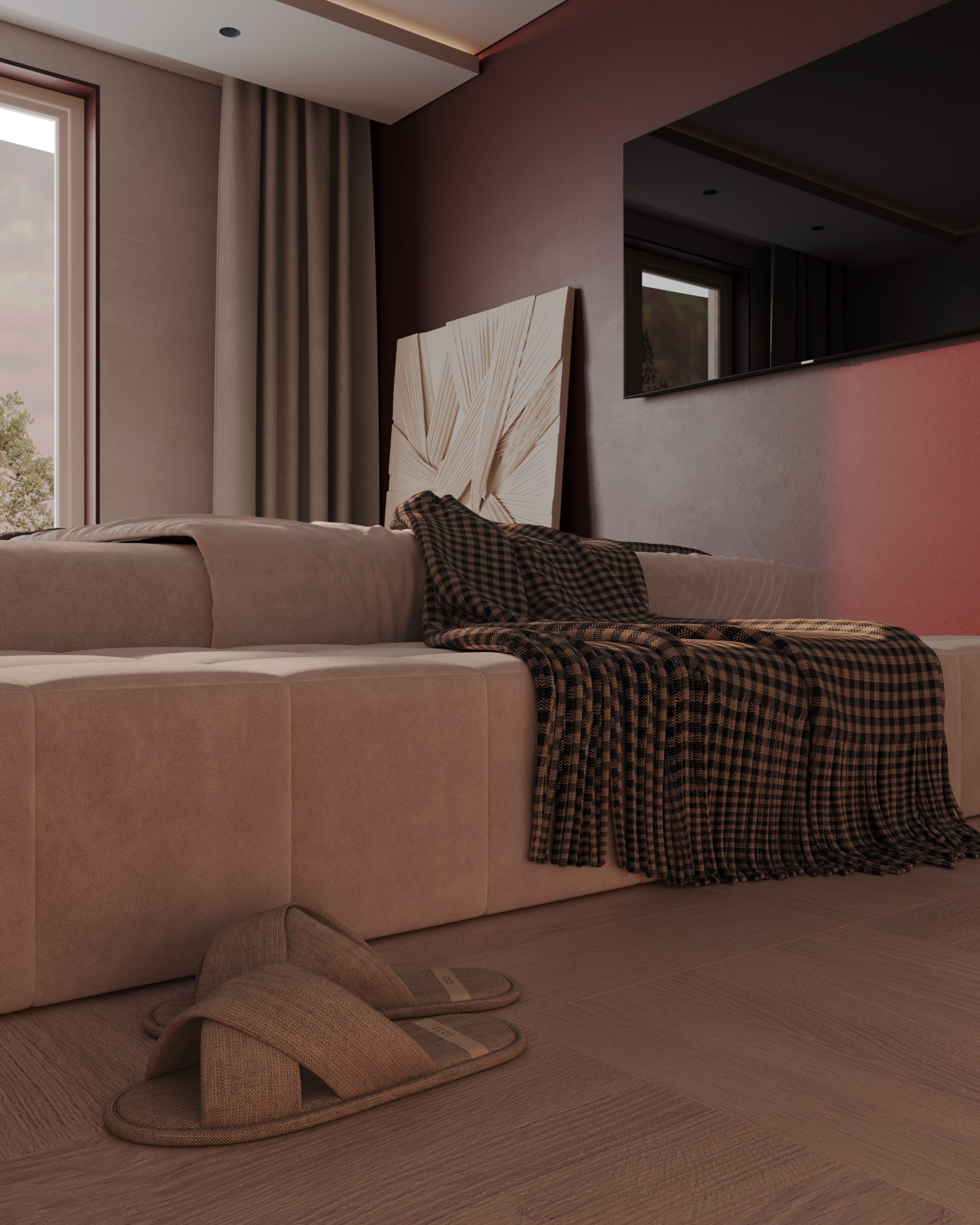 Спальня с красной стеной. 3D Визуализация интерьеров жилых и коммерческих помещений