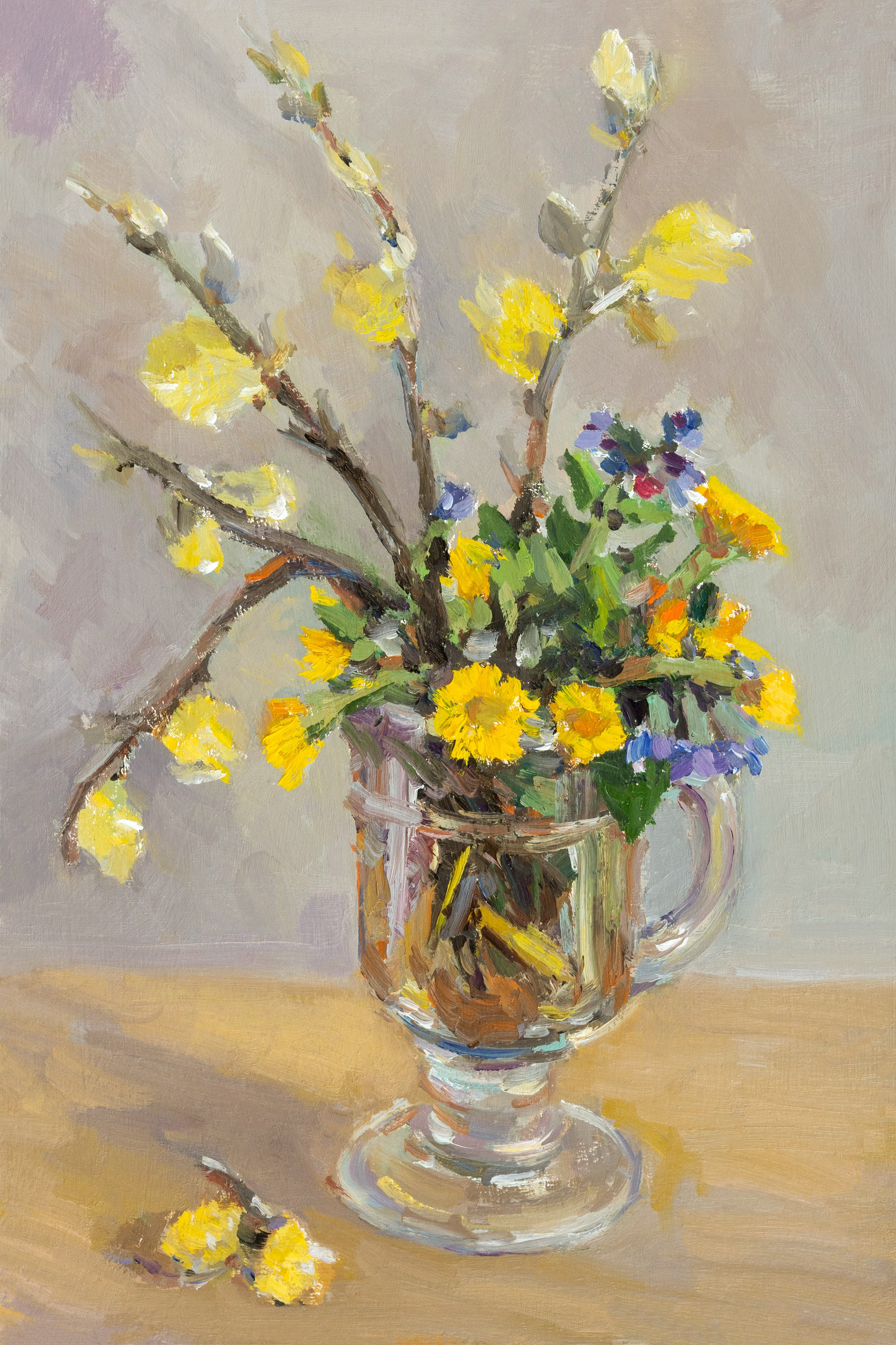 "Букет с вербой и мать-и-мачехой" картон, масло 31х21см, 2025