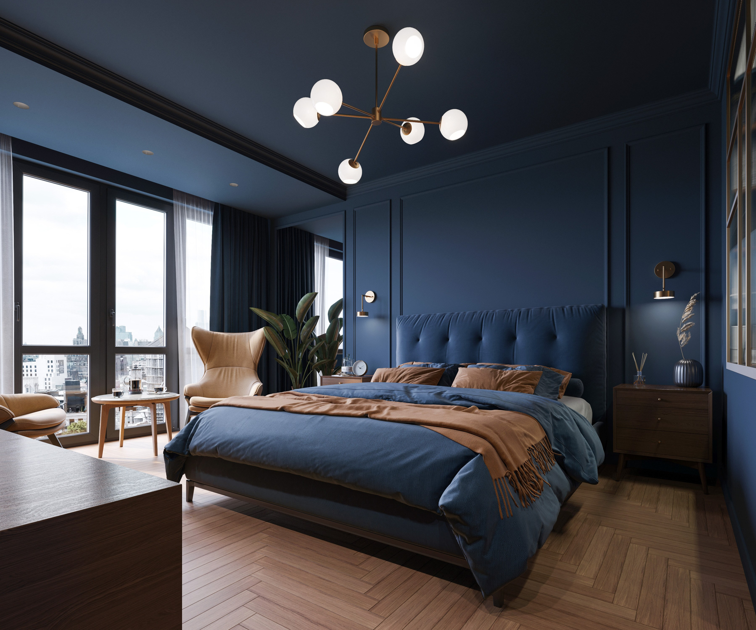 Зона отдыха у панорамного окна с двумя креслами и декоративными растениями.