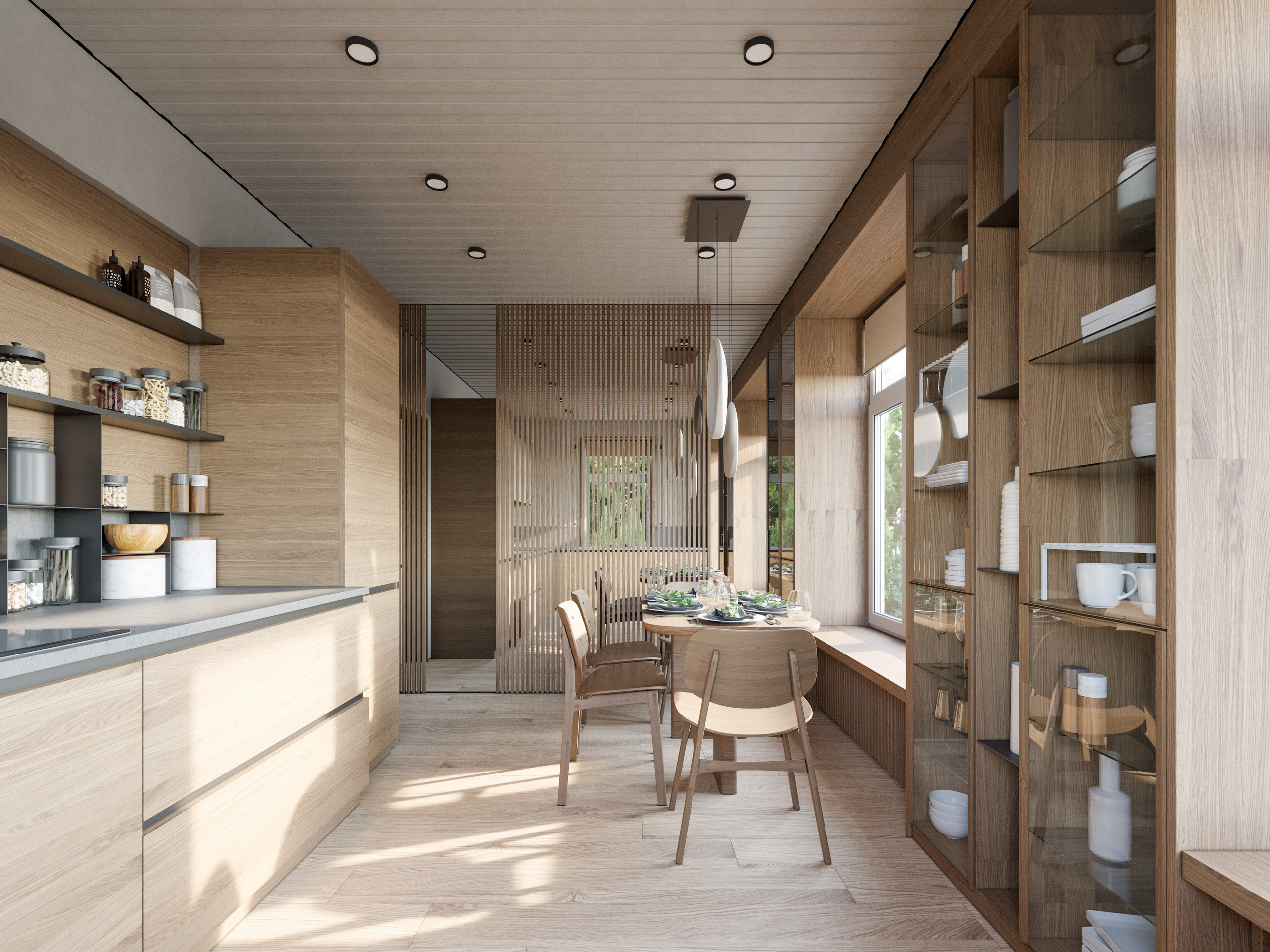 Минималистичная кухня с деревянными панелями и встроенной техникой - 3D рендер