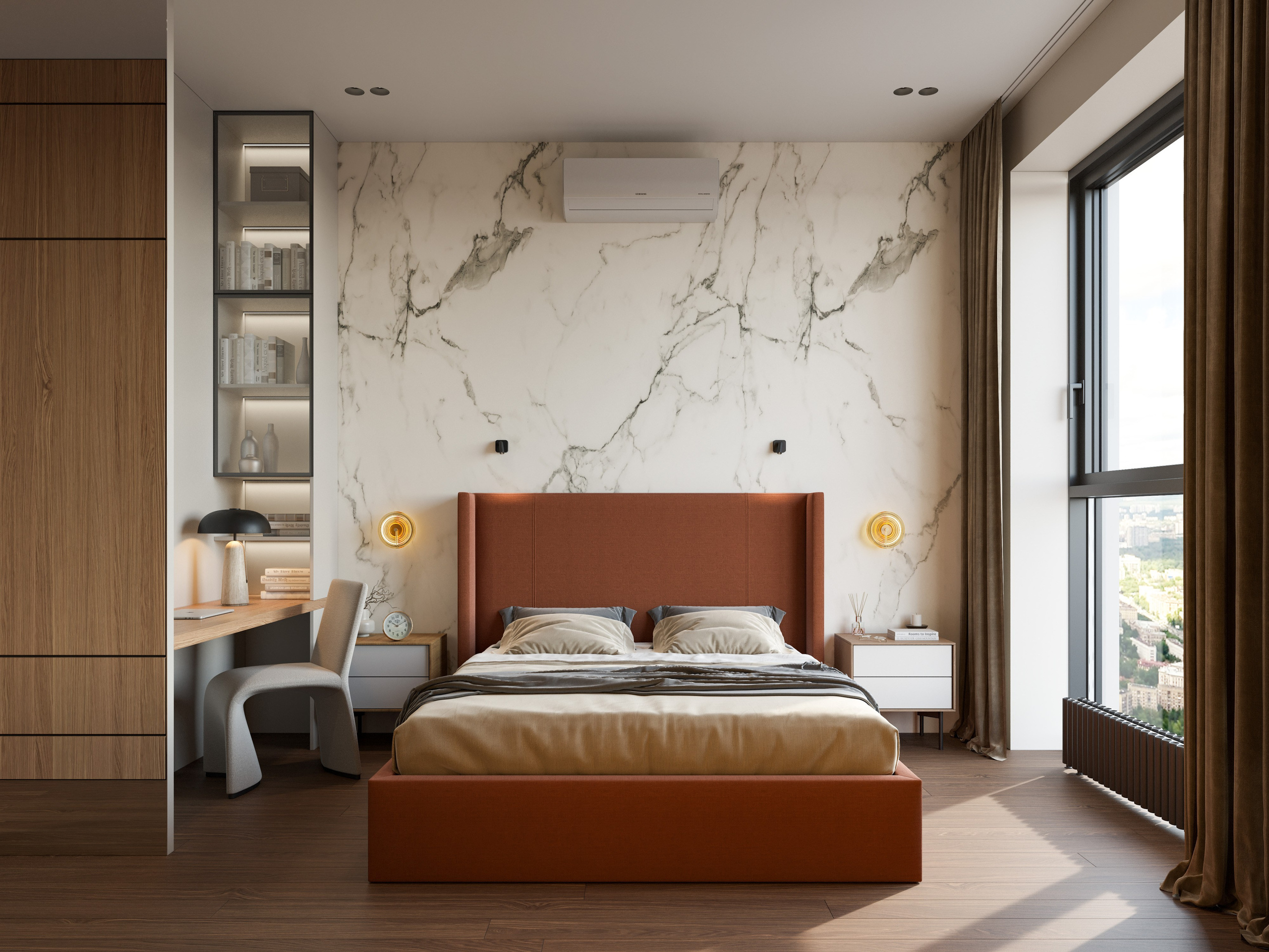 Стильная визуализация спальни с рабочей зоной встроенной в шкаф