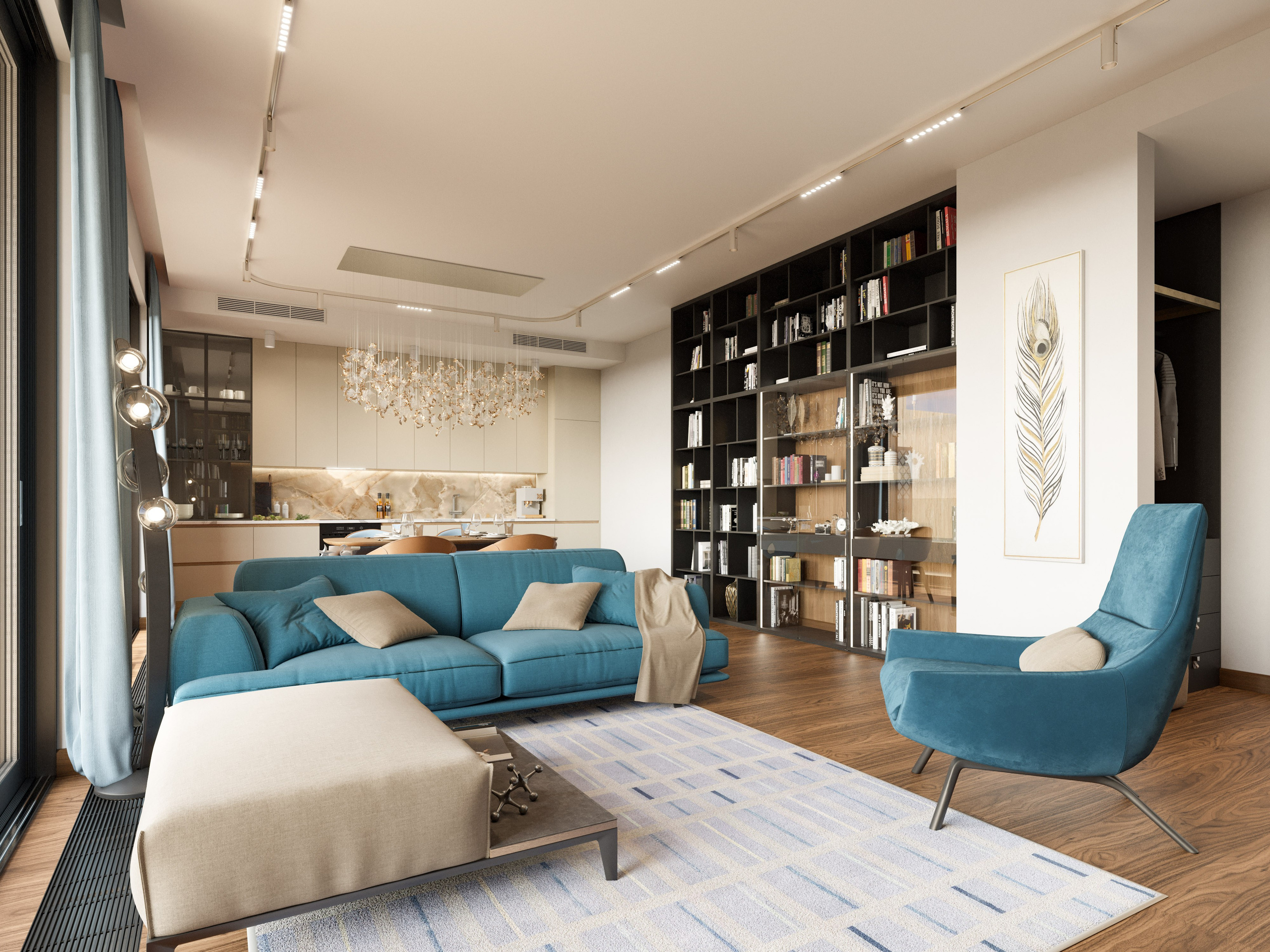 3D визуализация гостиной в Белграде с ярким современным дизайном и панорамными окнами