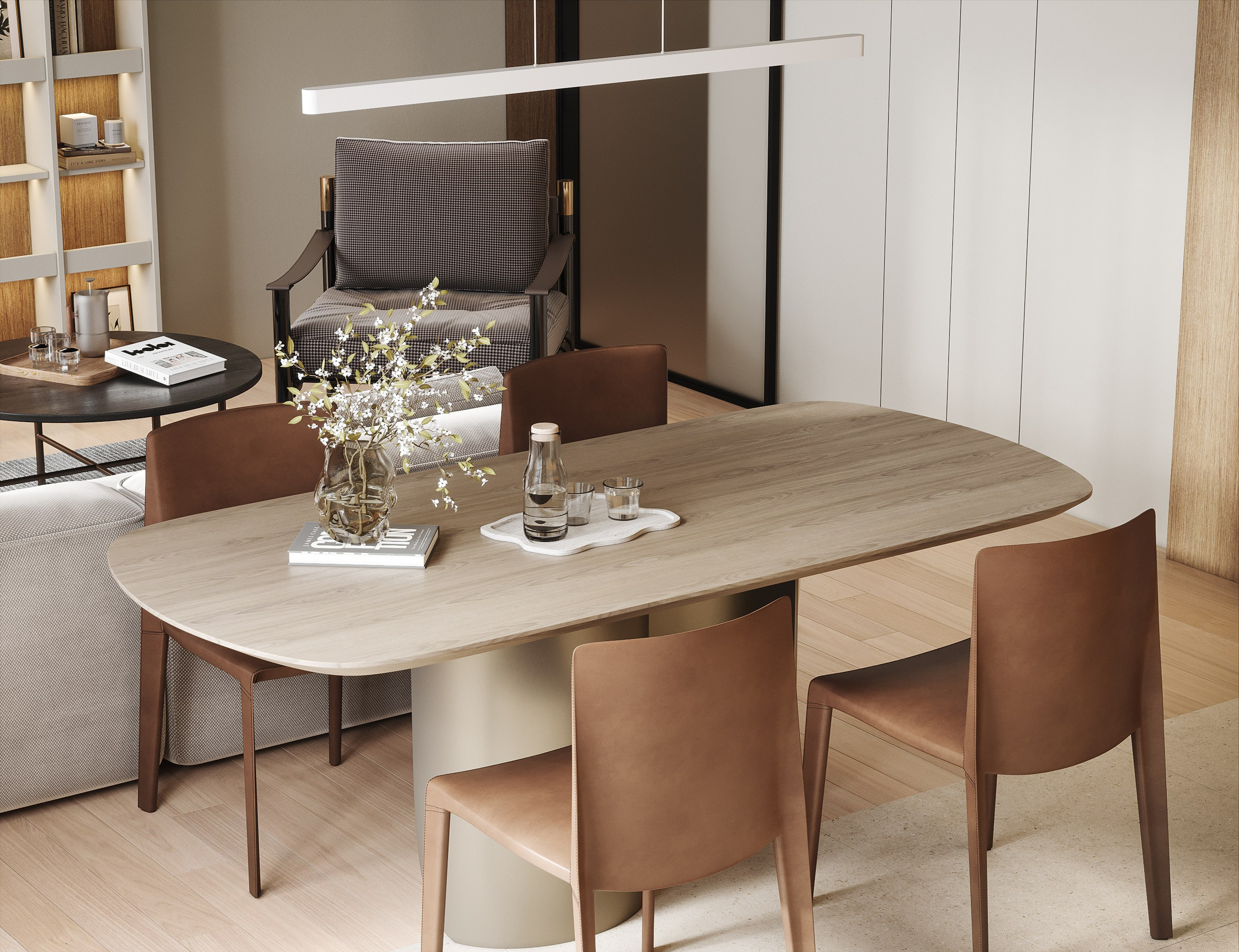 3D рендер крупным планом овального обеденного стола из светлого дерева с четырьмя стульями и современным линейным светильником над ним, подчеркивающий детали мебели.