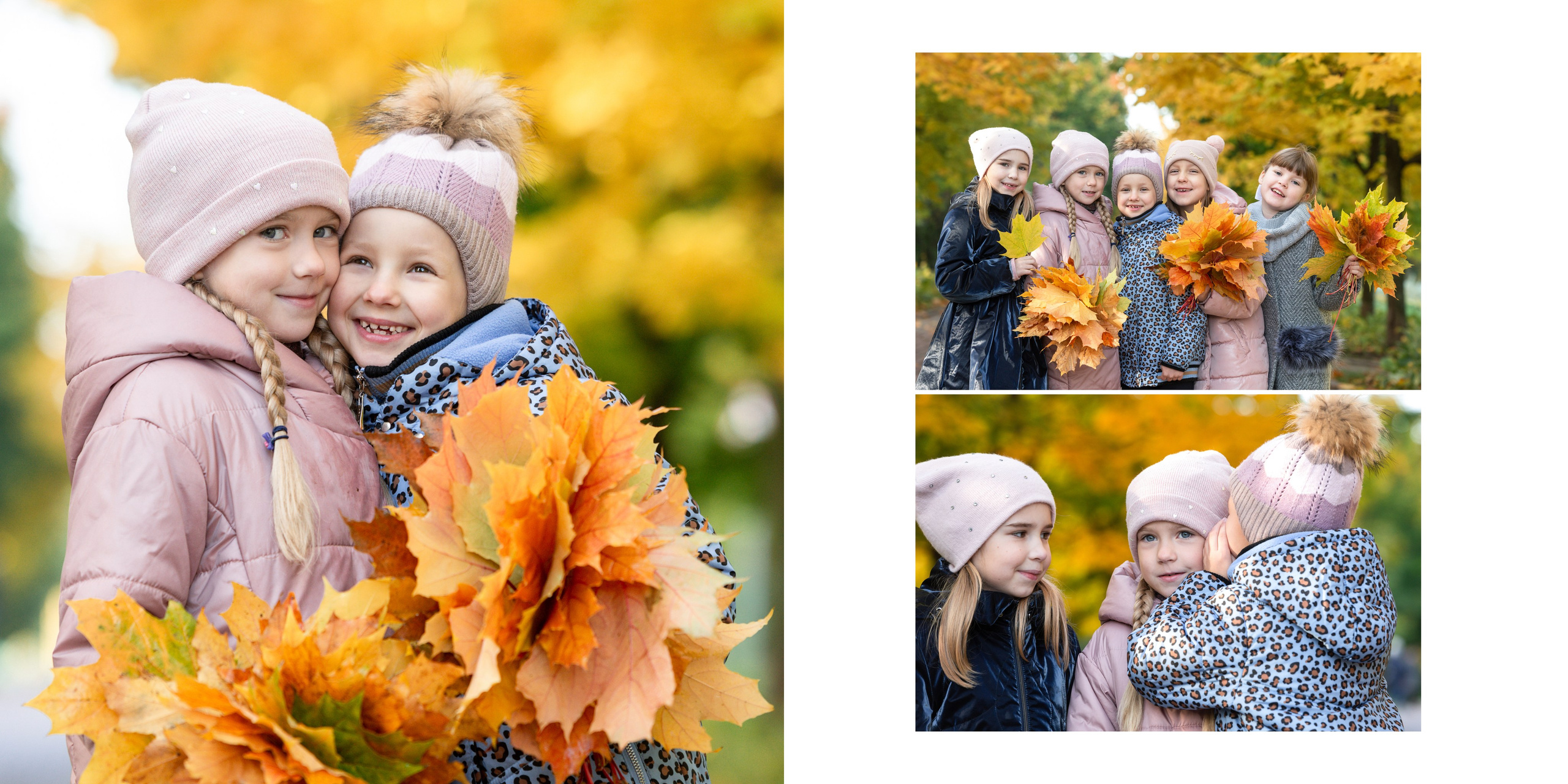 Разворот фотокниги с осенней съёмкой: две девочки с букетом листьев, серия дополнительных кадров на прогулке в парке.