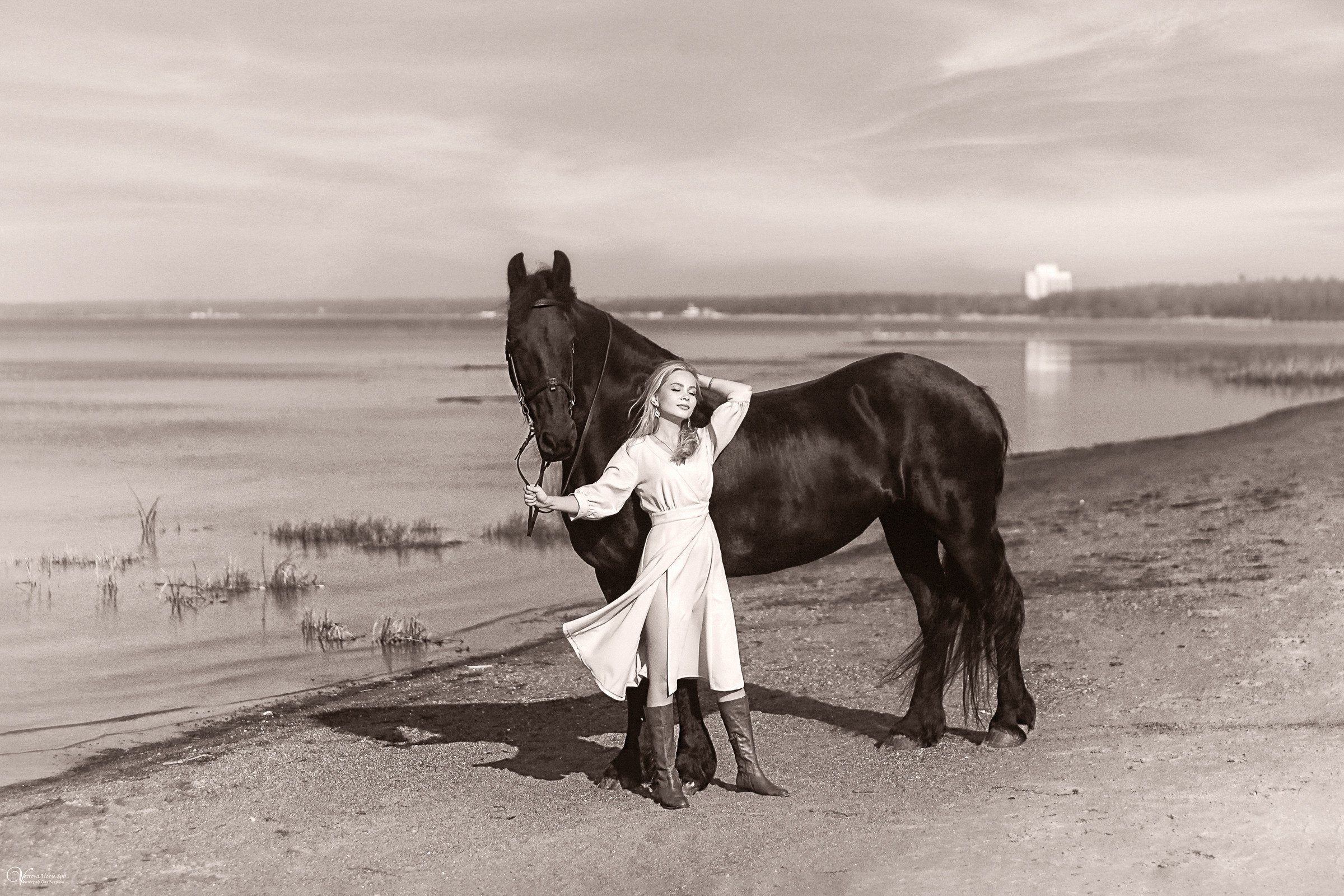 Фотосессия с вороным конем в СПб. Фотограф женский и мужской портрет Санкт-Петербург