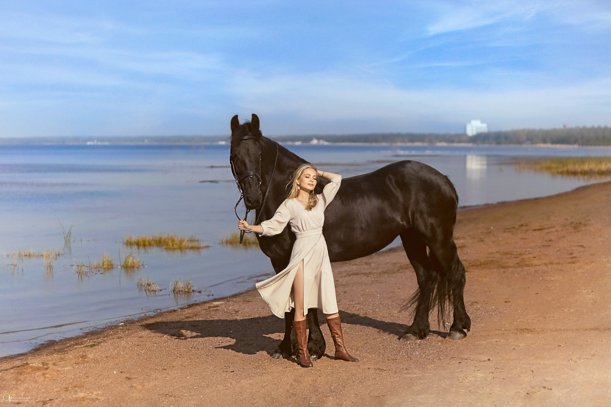 Фотосессия с вороным конем в СПб. Фотограф женский и мужской портрет Санкт-Петербург