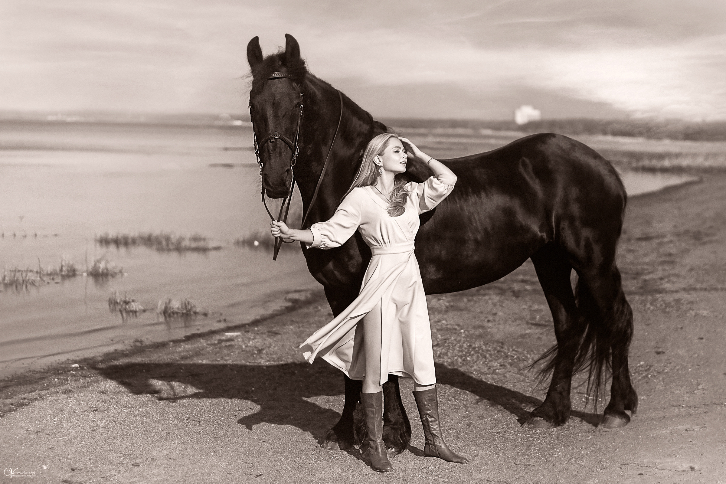 Фотосессия с вороным конем в СПб. Фотограф женский и мужской портрет Санкт-Петербург