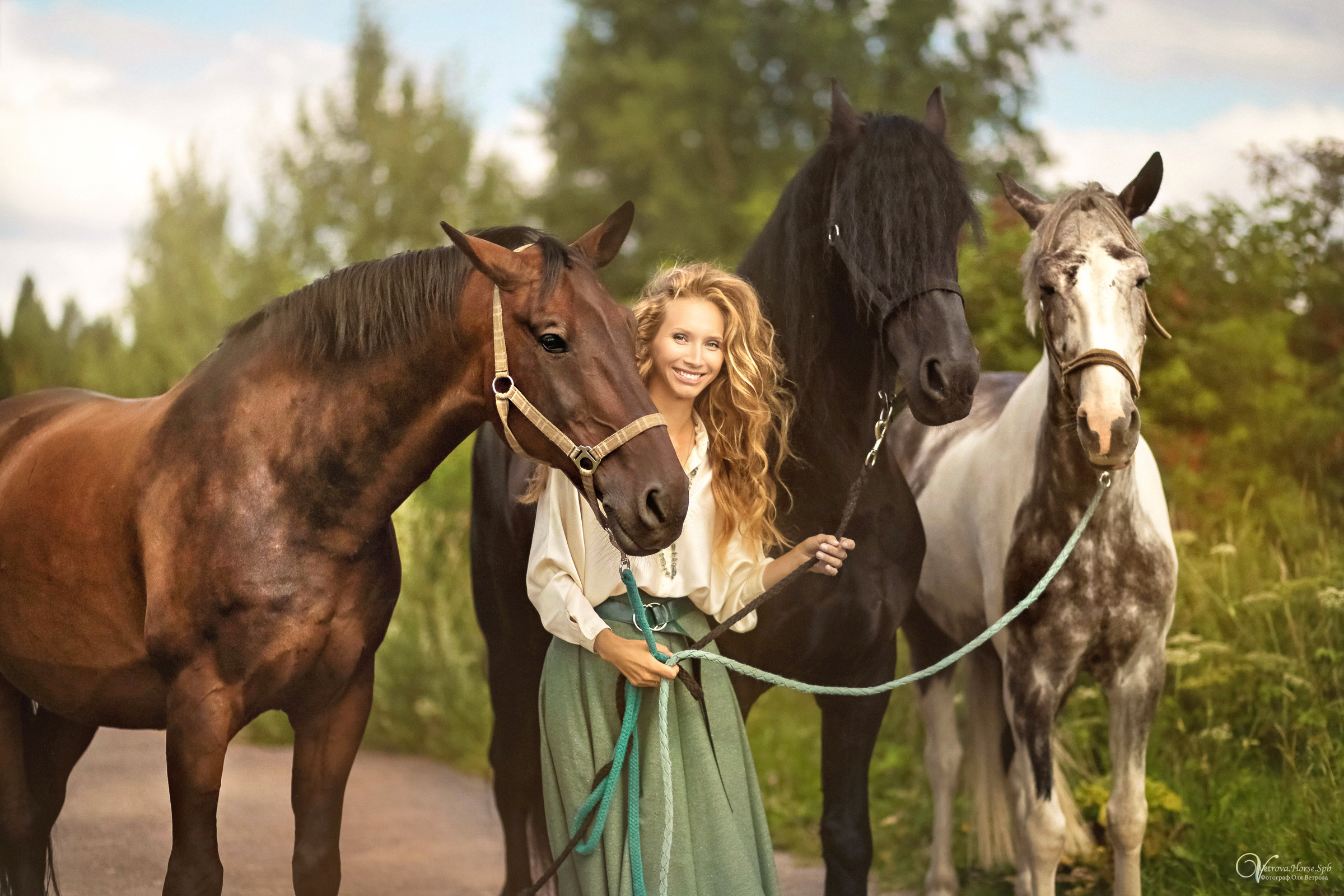 Съемка с тремя лошадьми в поле. Фотограф женский и мужской портрет Санкт-Петербург