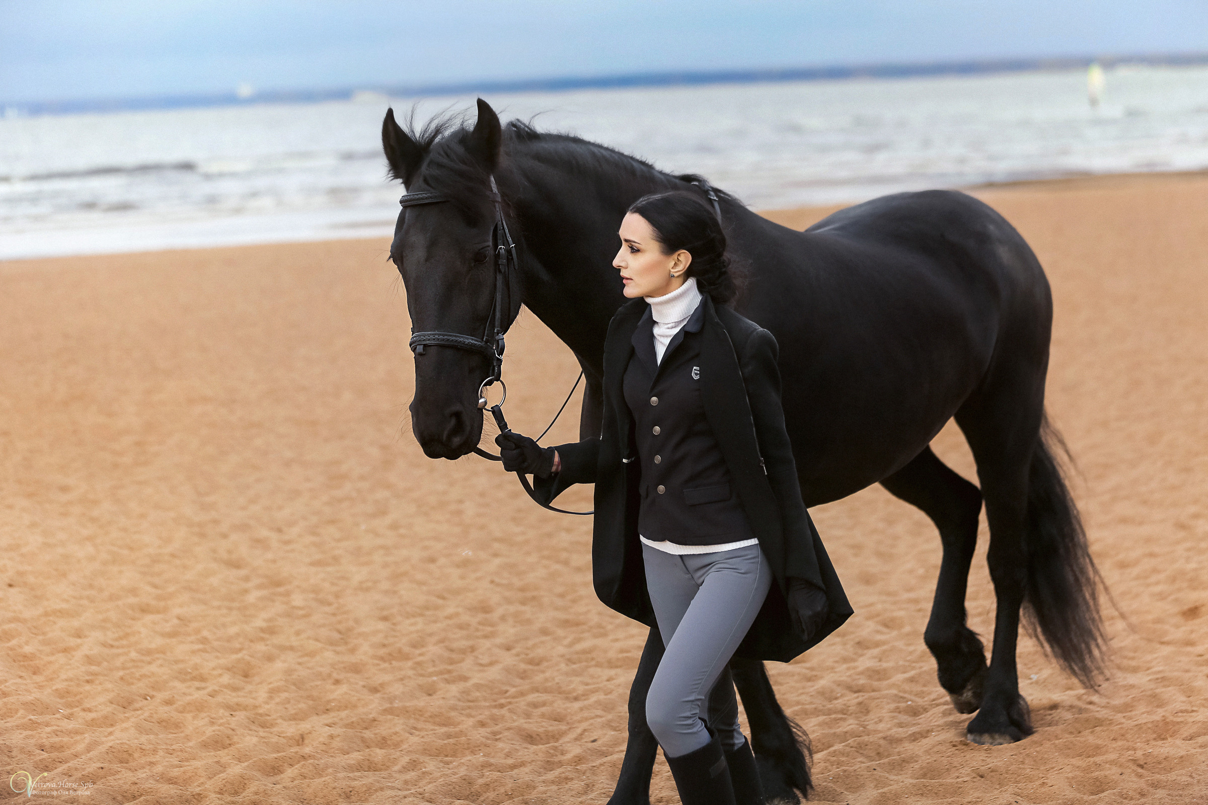 Фотосессия на заливе в двумя лошадьми СПб. Фотограф женский и мужской портрет Санкт-Петербург