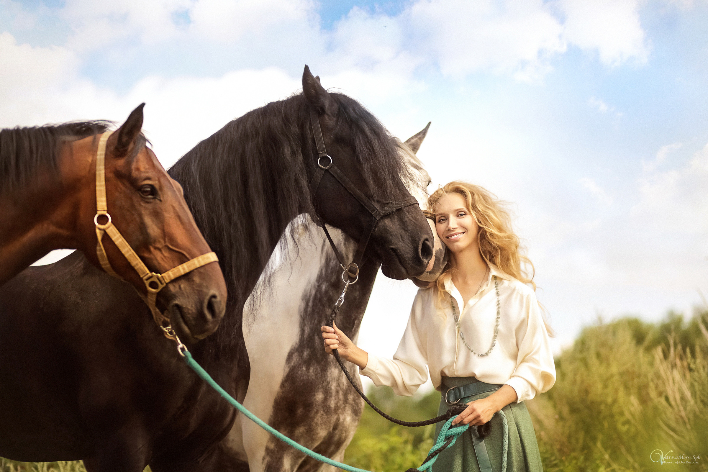 Съемка с тремя лошадьми в поле. Фотограф женский и мужской портрет Санкт-Петербург