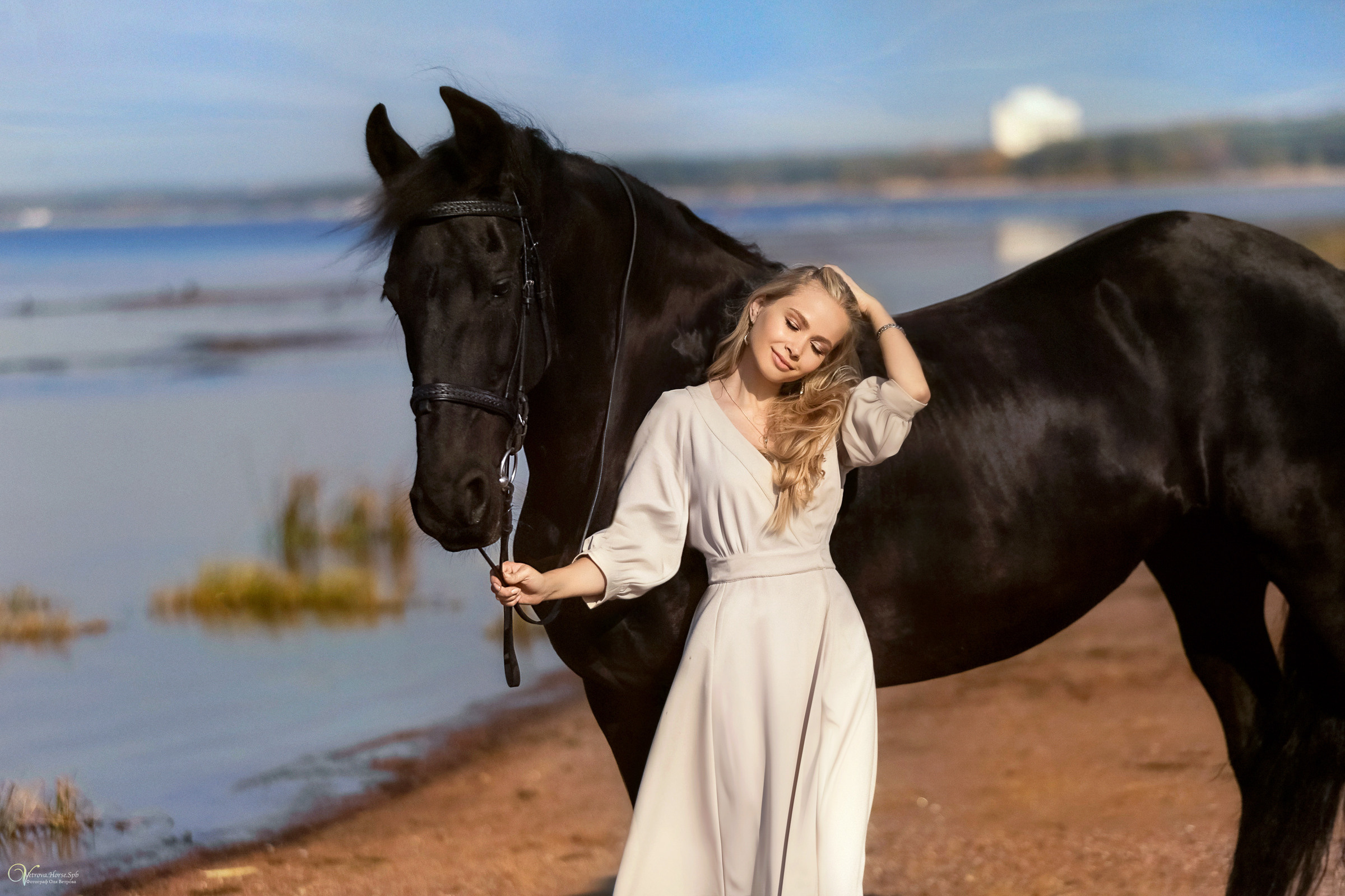 Фотосессия с вороным конем в СПб. Фотограф женский и мужской портрет Санкт-Петербург