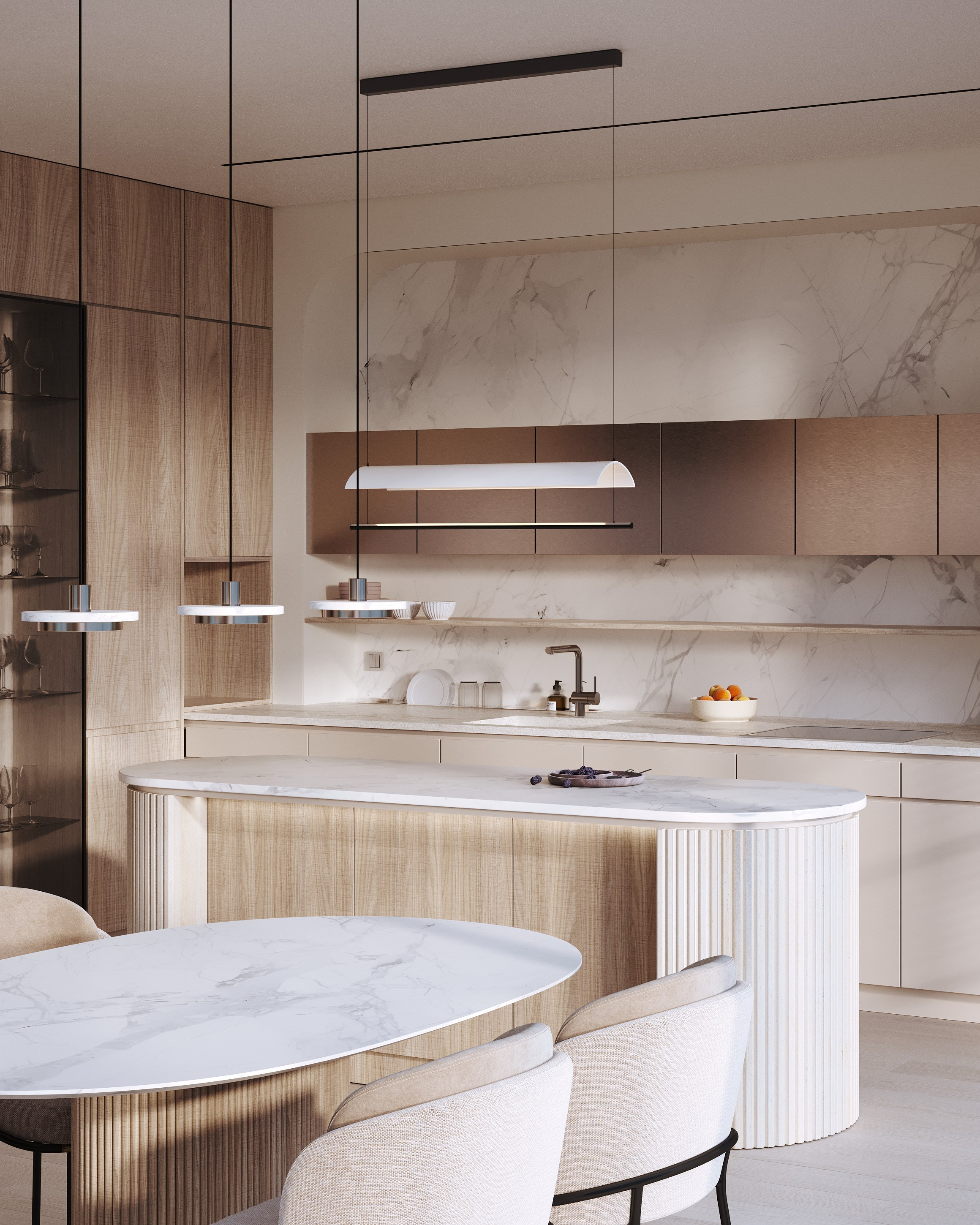 визуализация кухни - гостиной в минималистичном современном  стиле