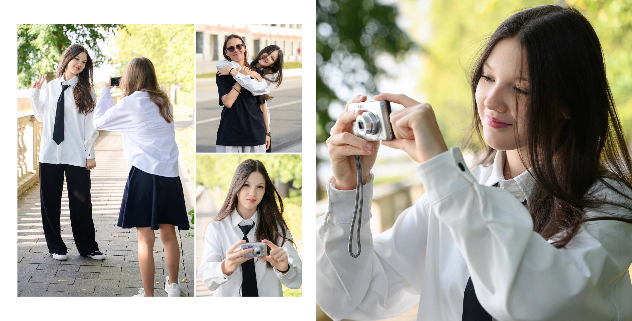 Разворот с индивидуальными кадрами старшеклассницы и крупным эмоциональным портретом в мягком свете.