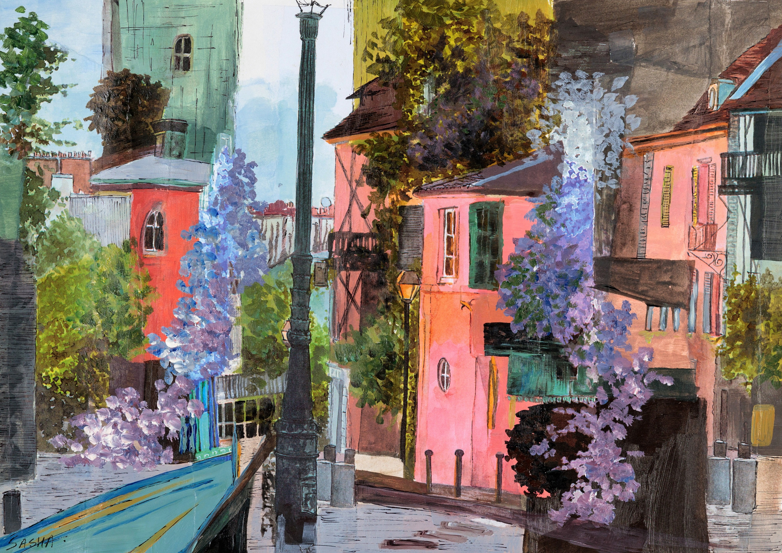 милый городской пейзаж, акварель, розовые дома и зелень