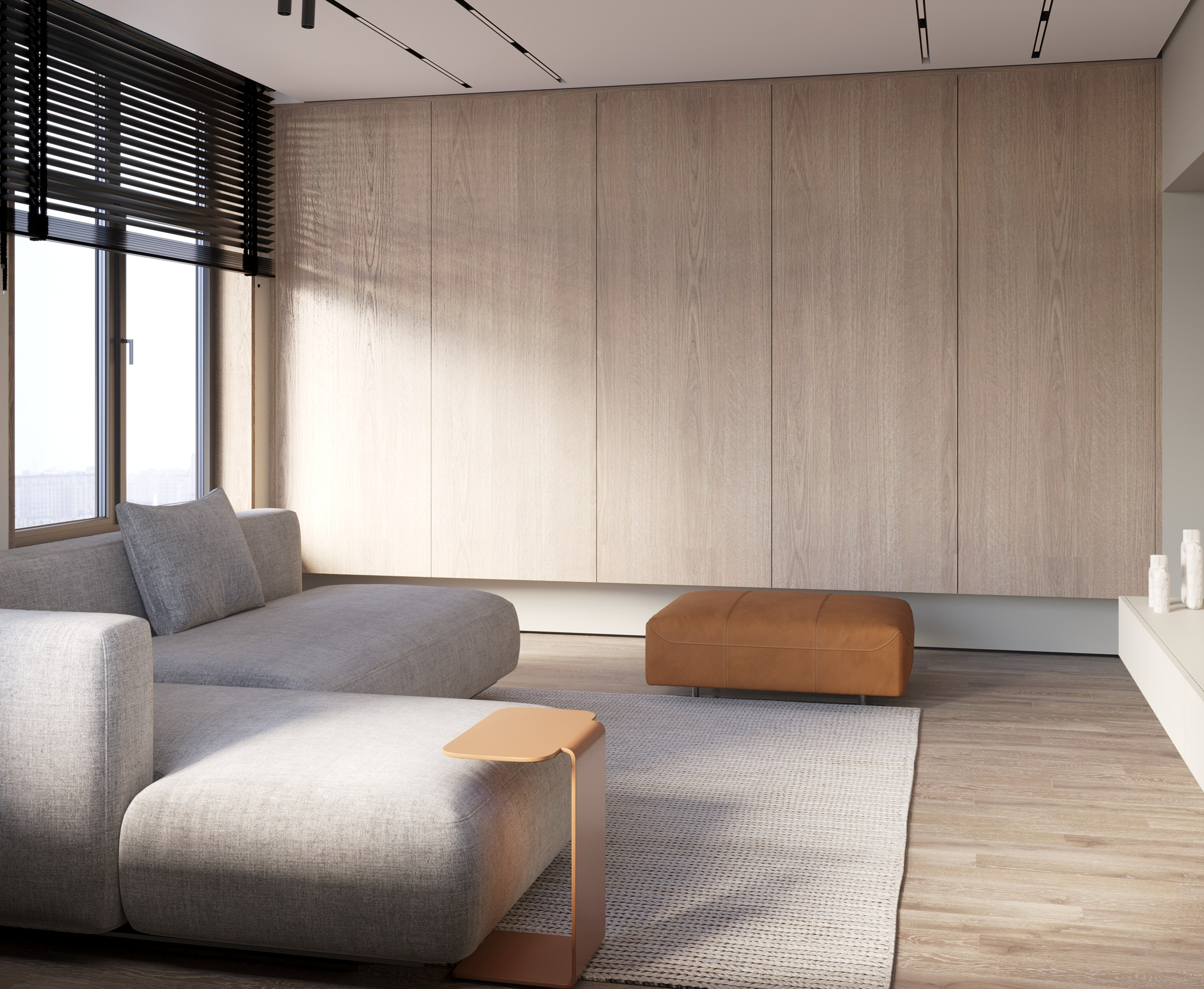 гостиная в современном стиле в теплой цветовой гамме с использованием дерева