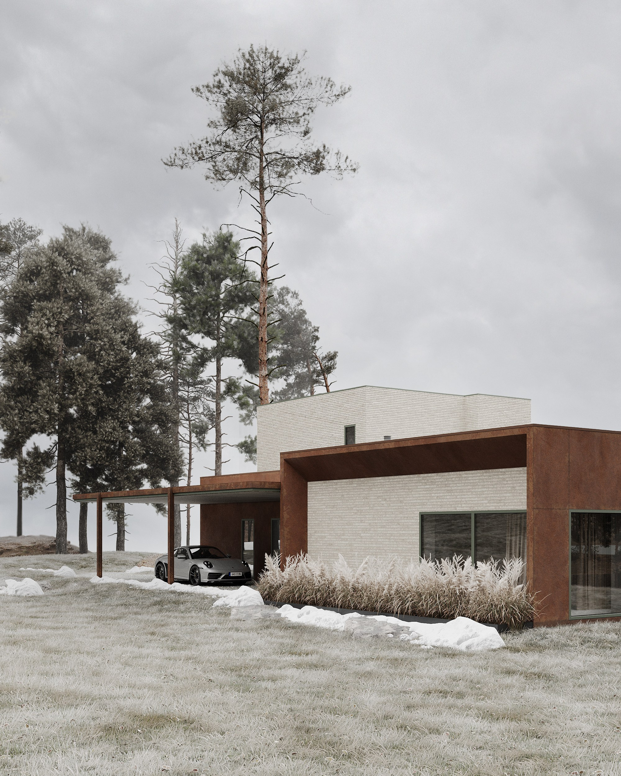 современная архитектура, загородный дом в скандинавском стиле, минимализм, природа, отдых, кортеновская сталь, ригельный кирпич