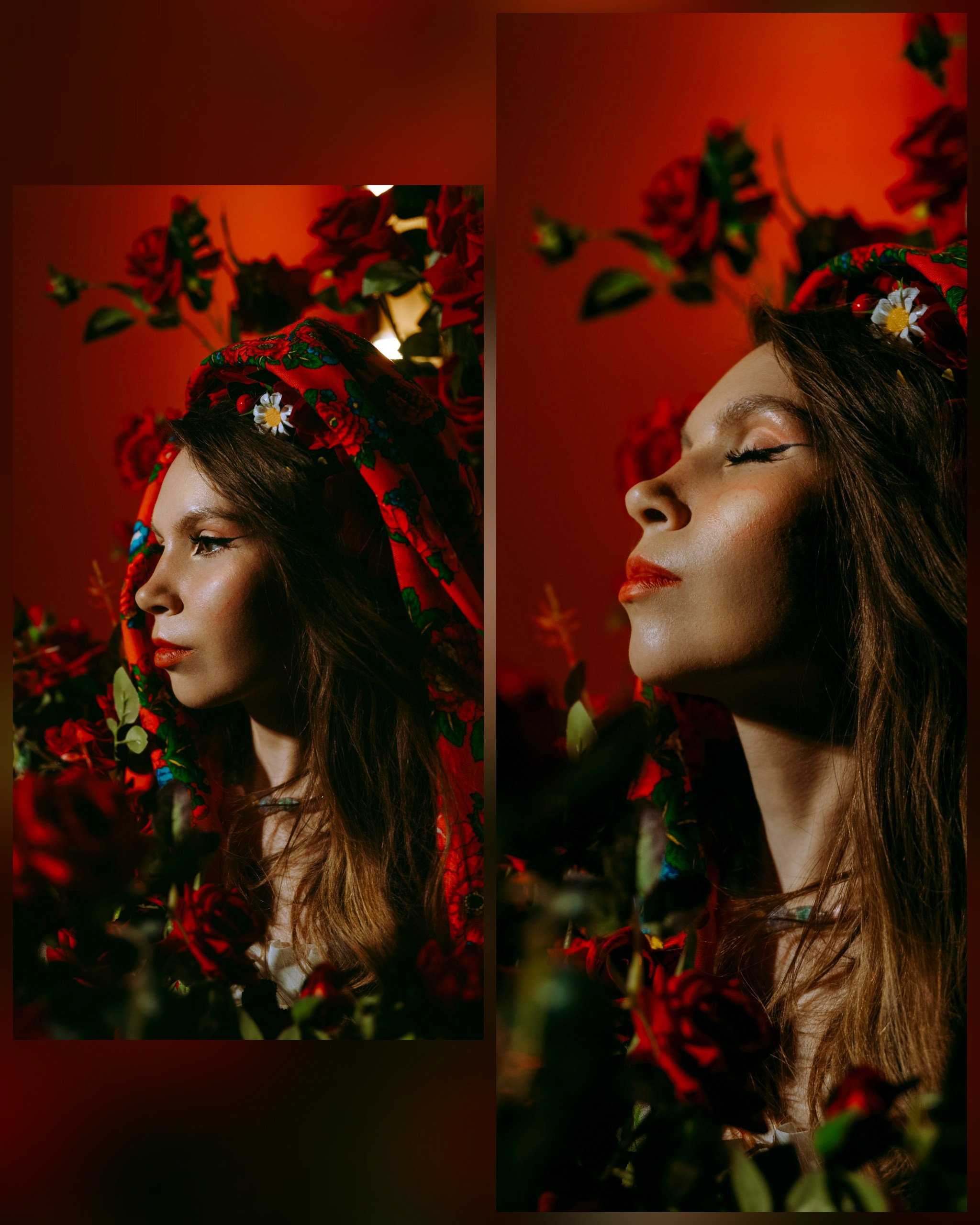 девушка на красном фоне