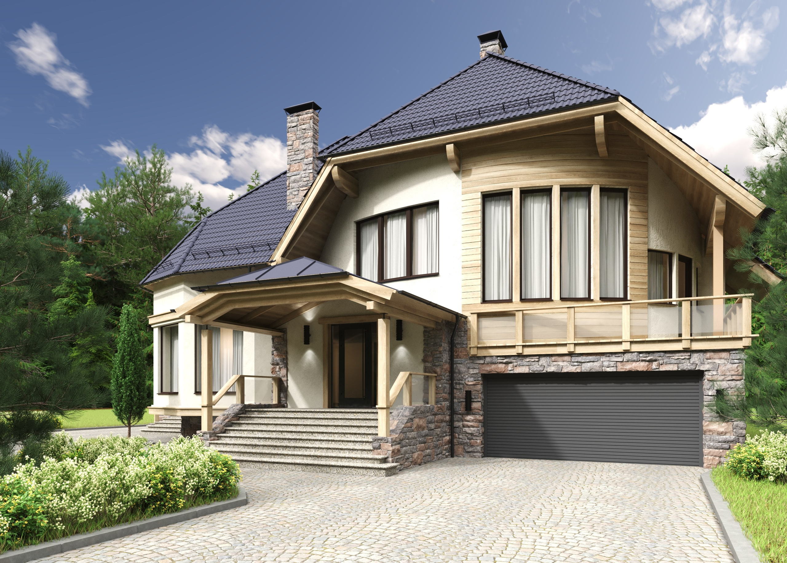 Визуализация фасада частного дома с гаражом