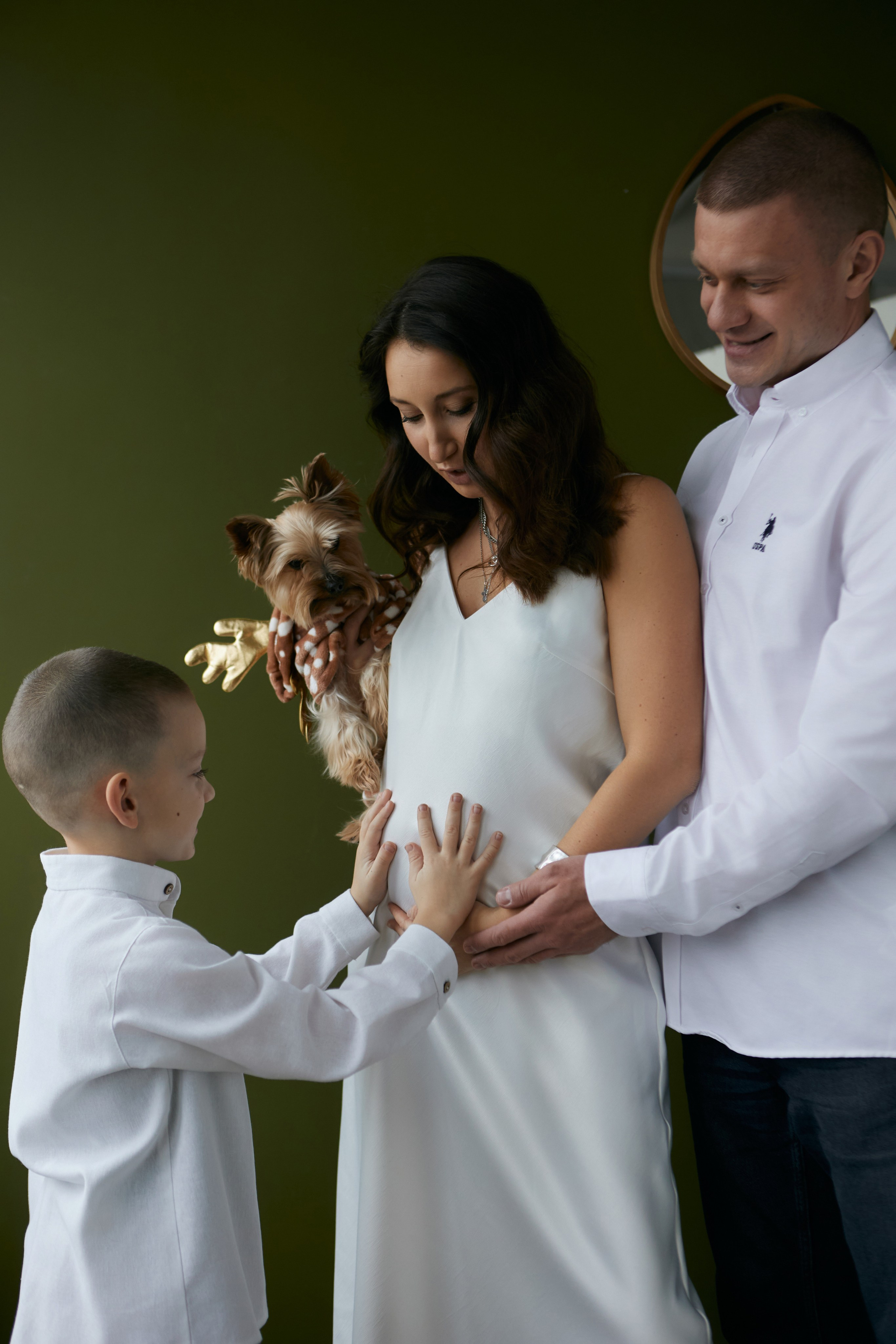 новогодняя семейная фотосессия в студии с сыном и собакой, семейный фотограф в Москве