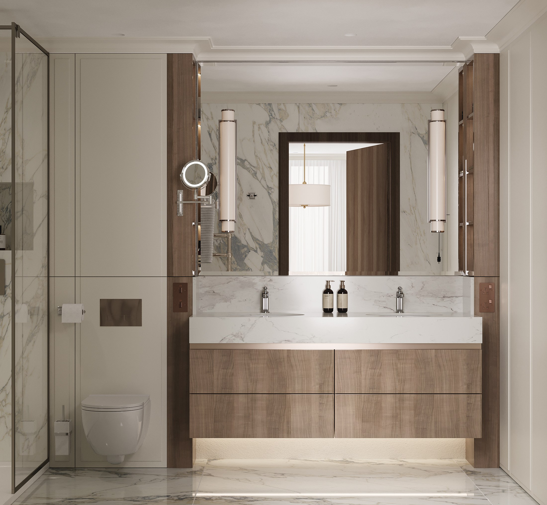 3д визуализация ванной комнаты квартиры в современном классическом стиле 