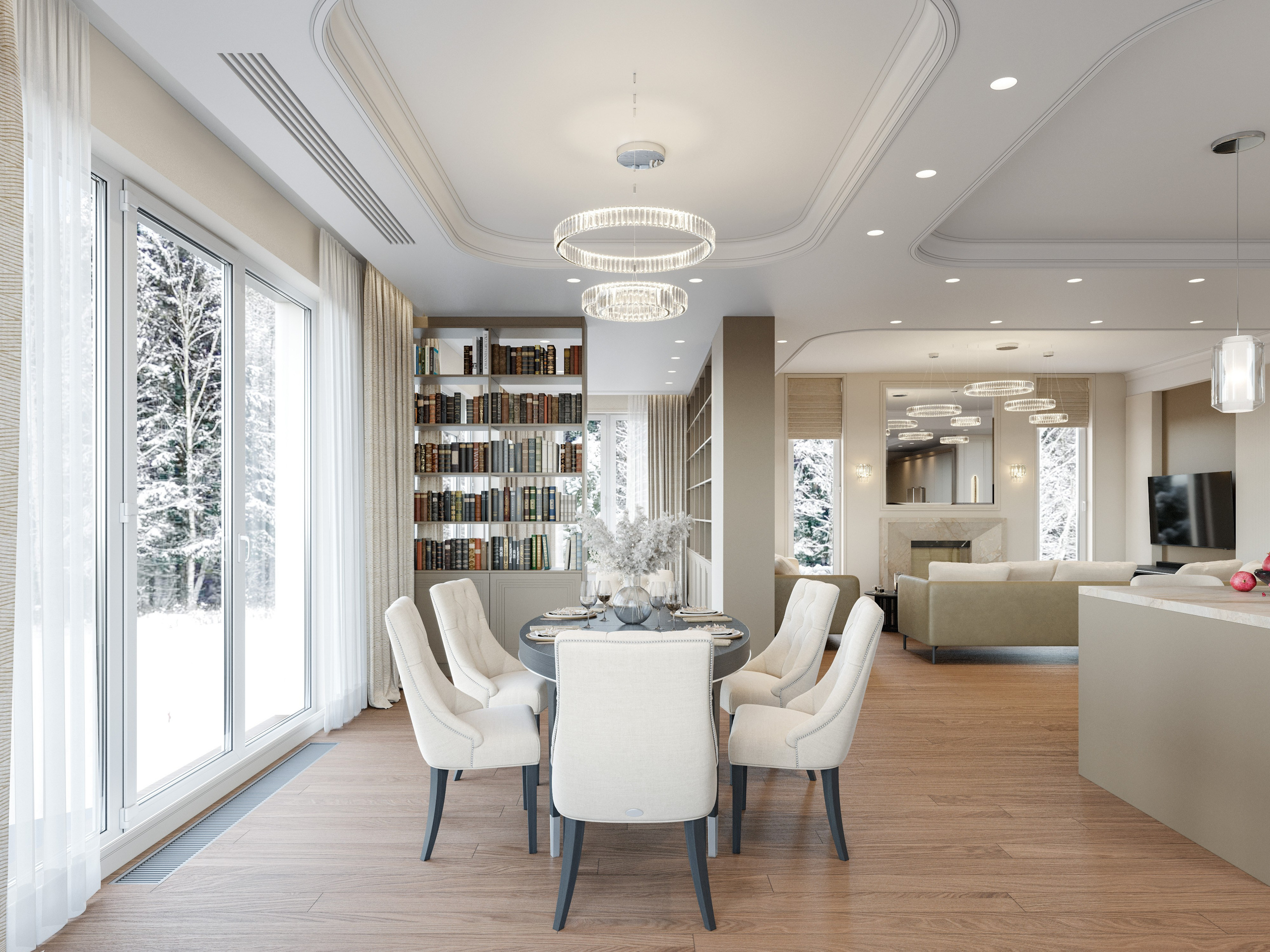 Обеденная зона в классическом интерьере с овальным столом и стульями с тканевой обивкой