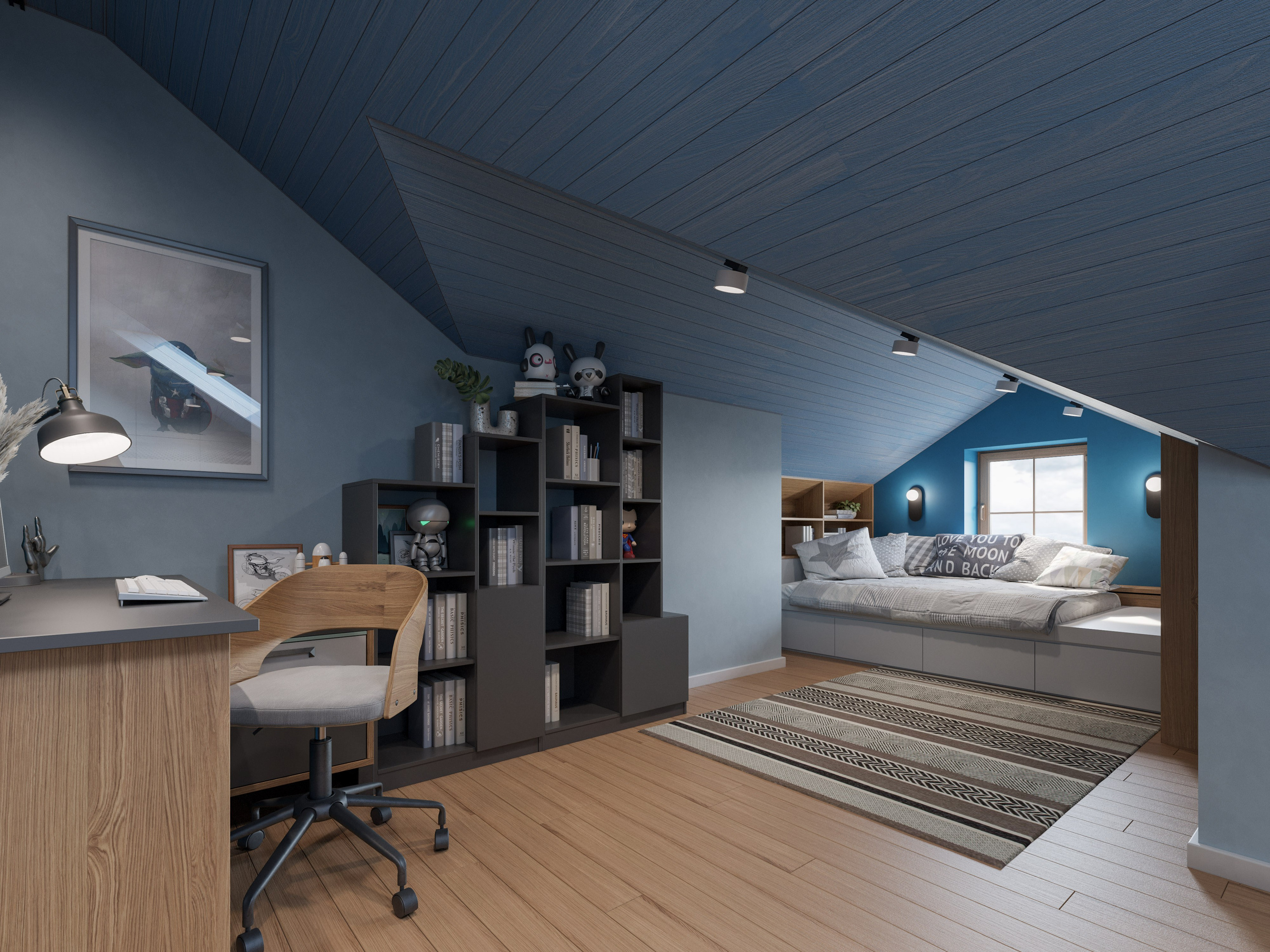 Учебная зона с деревянным столом и стеллажом для книг