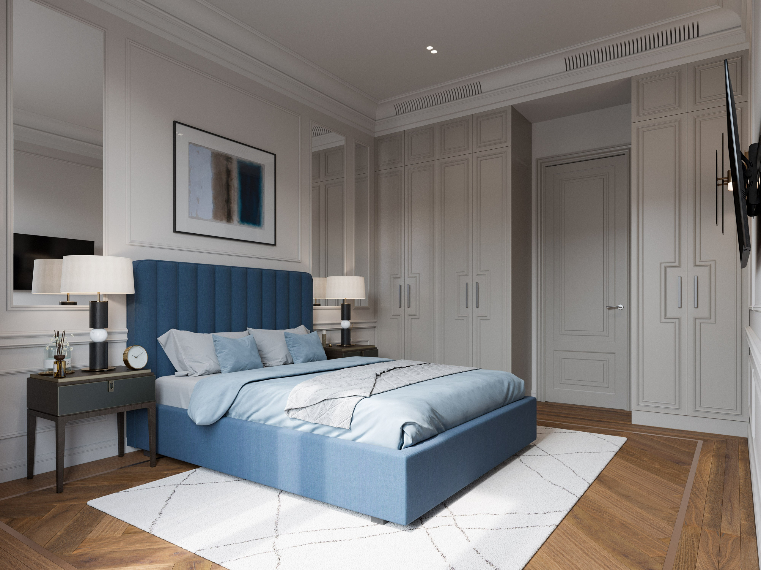 Гардероб в гостевой спальне с распашными дверями и классическими фасадами