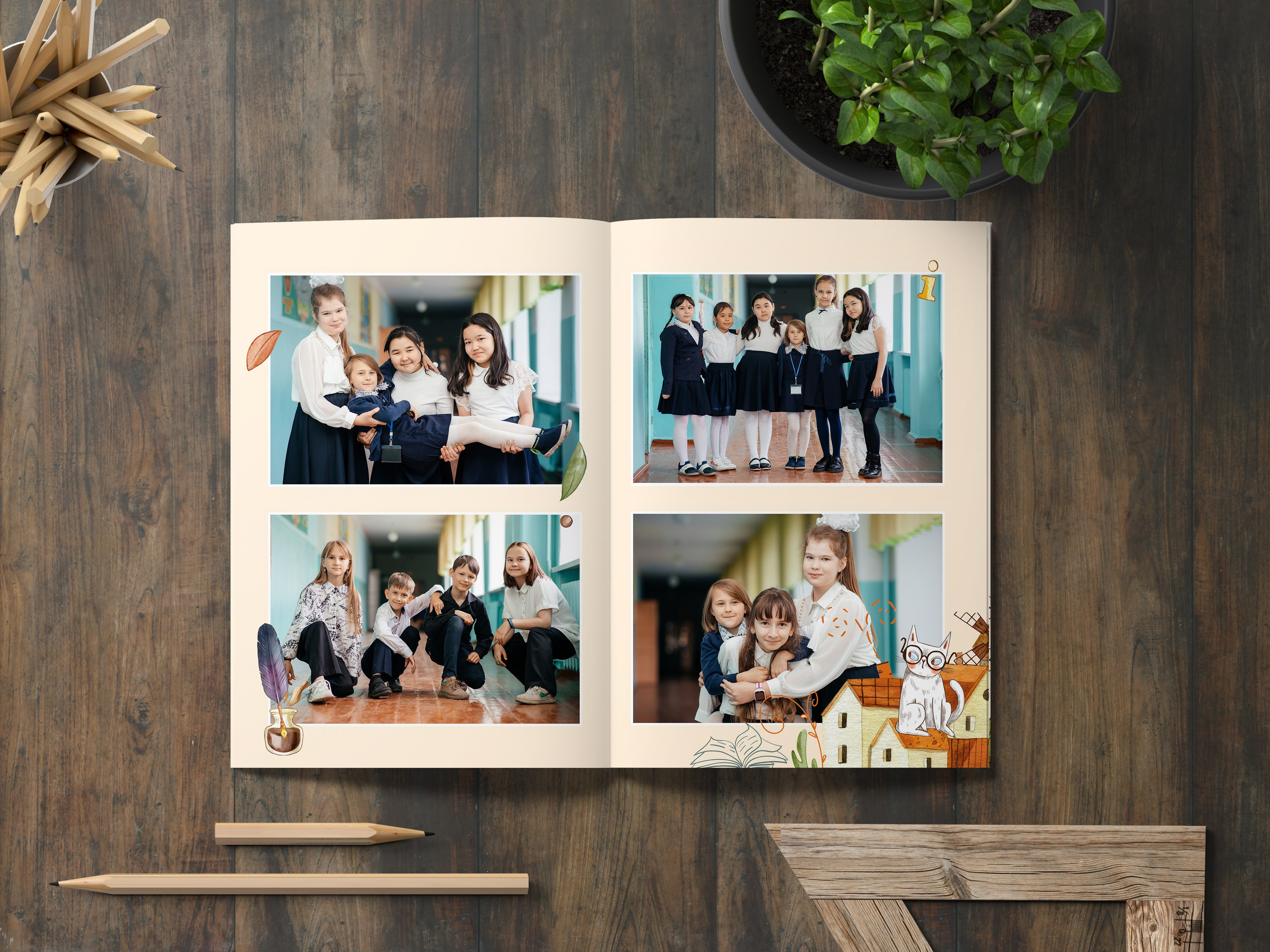 Мокап разворота выпускного альбома с портретами одноклассников Казахстан