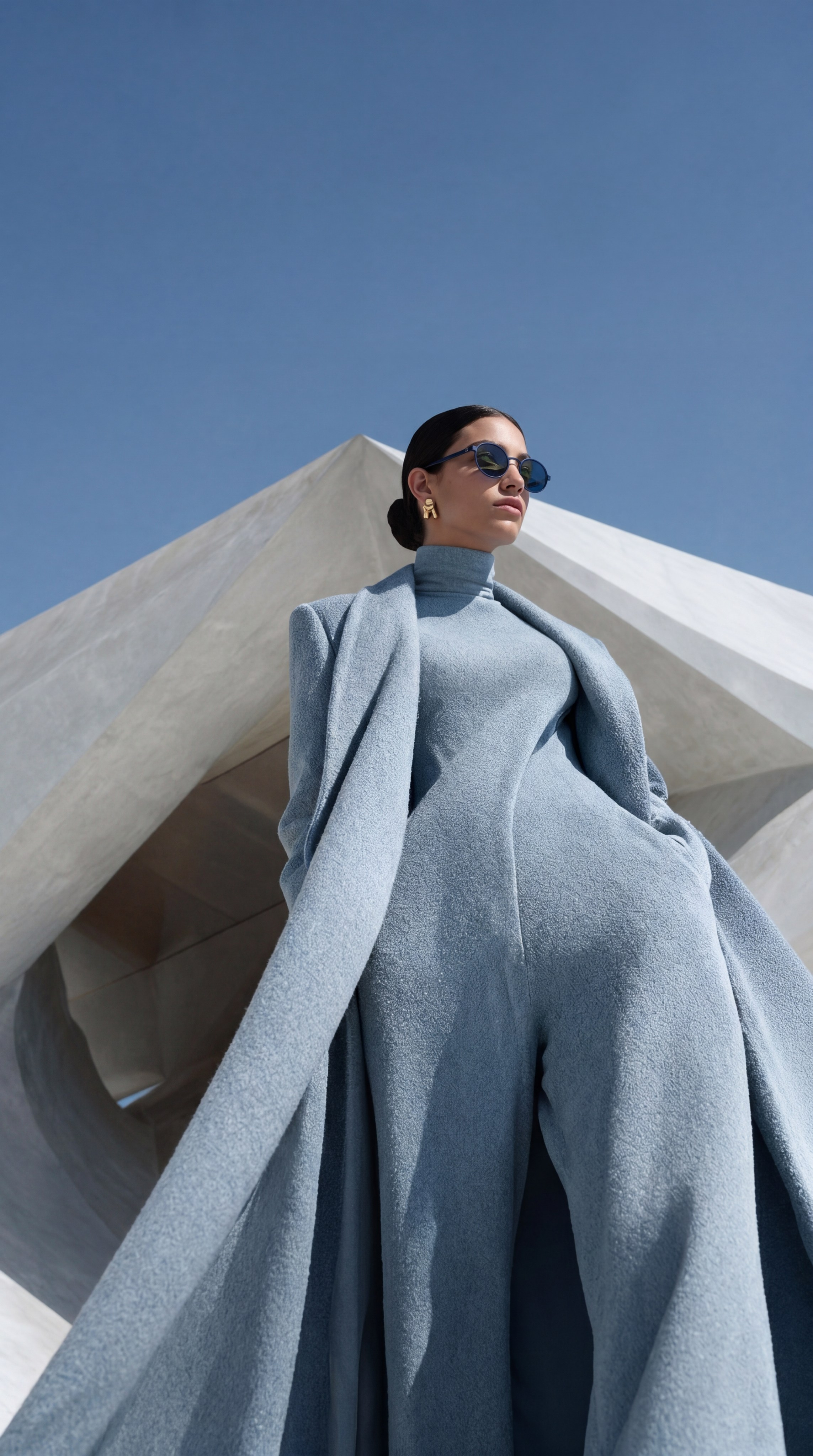 Имиджевая ИИ-фотосессия: AI-модель в голубом платье на фоне неба, для атмосферных рекламных кампаний без ограничений по локация