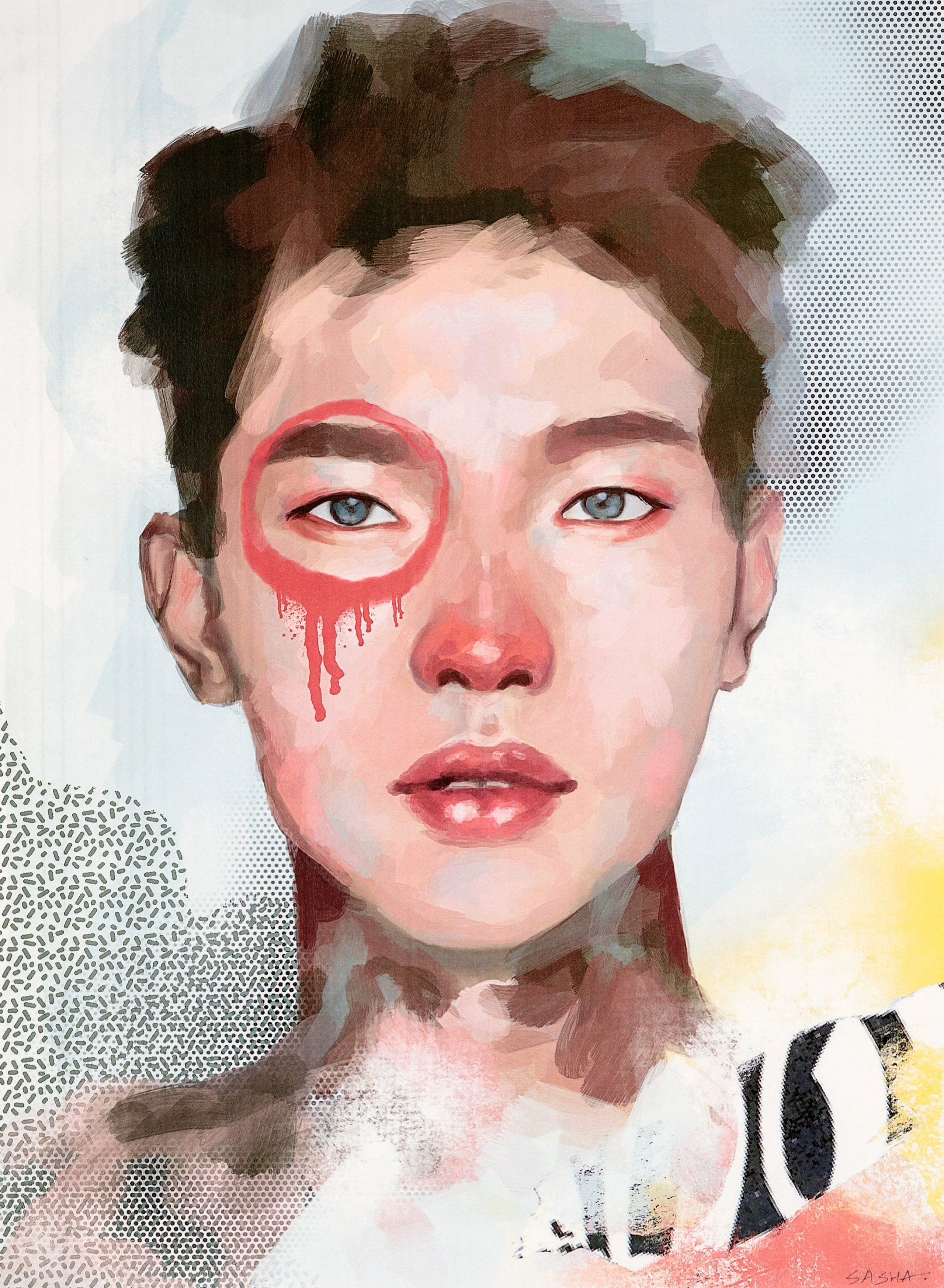 азиат с красным кругом под глазом, стильный портрет