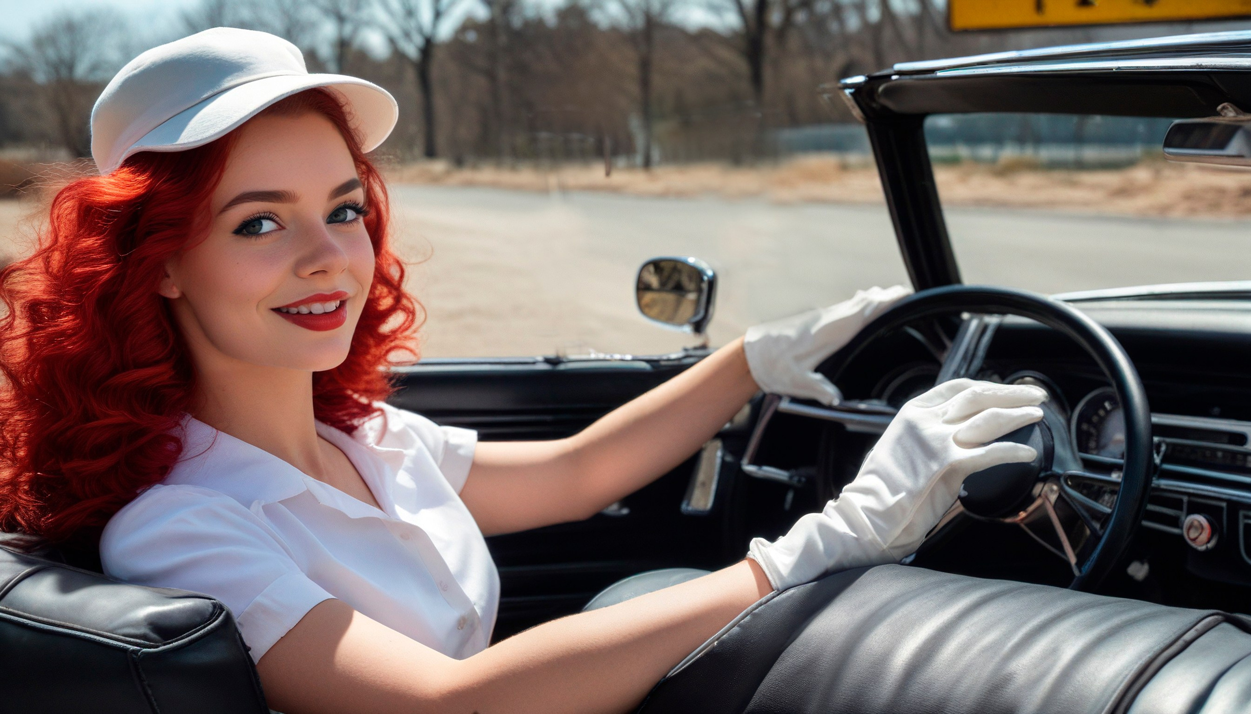 A girl driving a convertible, red curls, wearing a white baseball cap,blouse and gloves, America of the 50s..