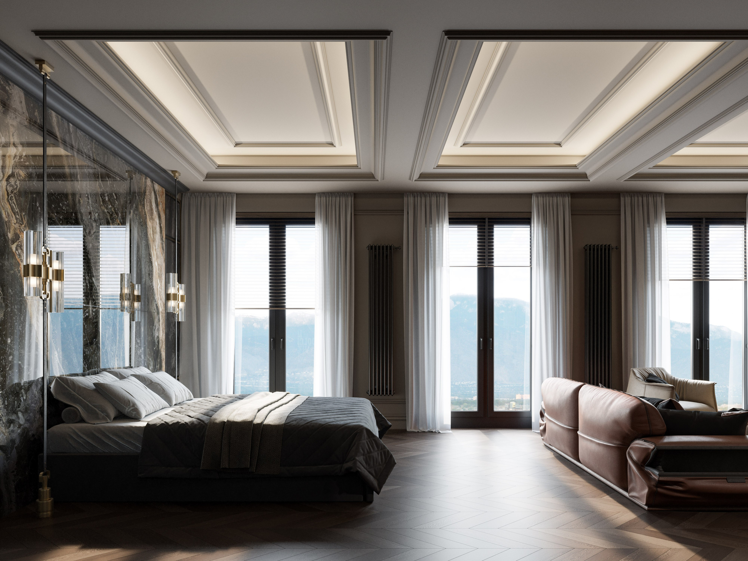 3D визуализация спальной зоны с кроватью с тканевым изголовьем и прикроватными тумбами