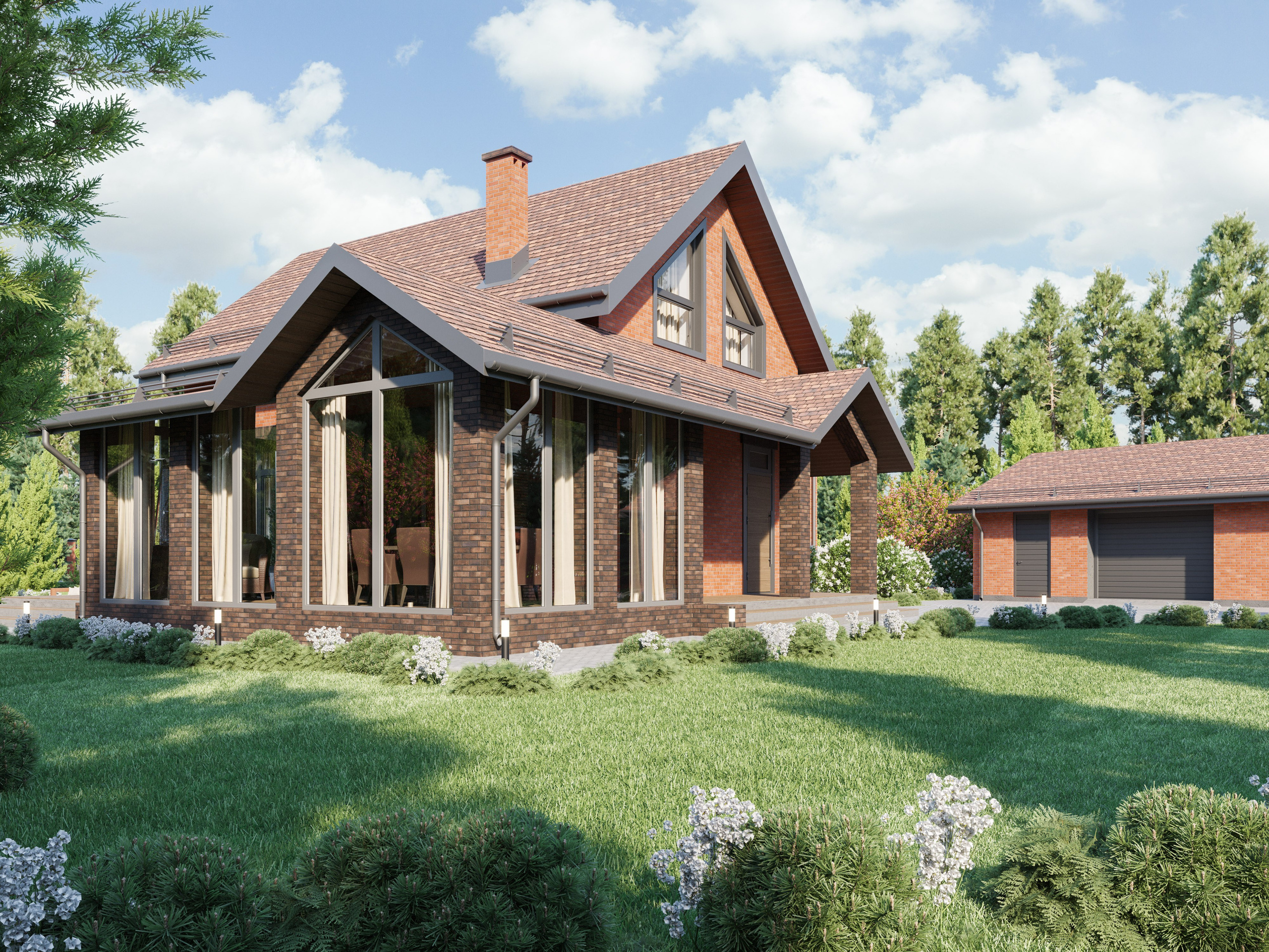 Архитектура кирпичного дома с комбинированной отделкой и панорамным остеклением