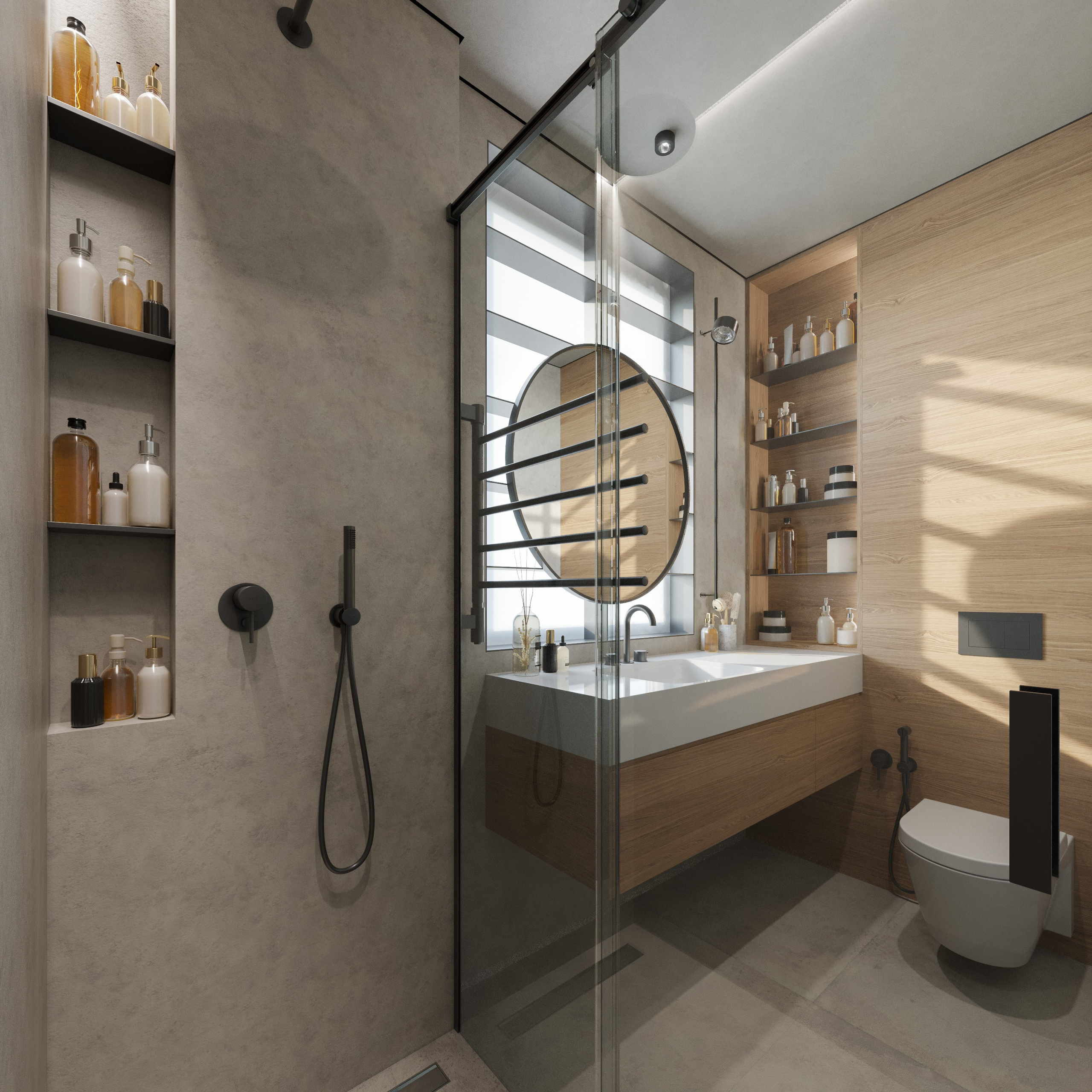 3D визуализация санузла в минималистичном стиле с деревянной тумбой и раковиной