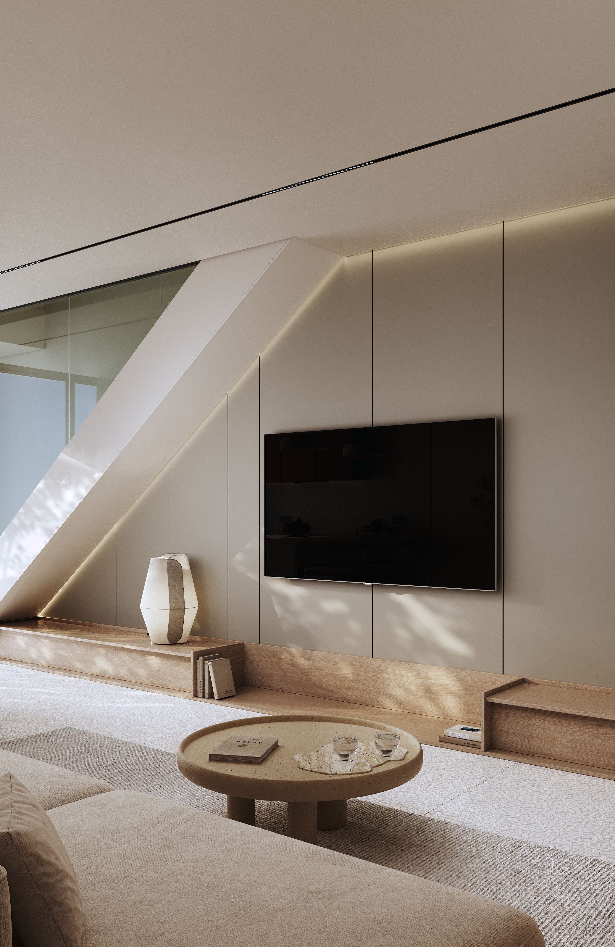 визуализация кухни гостиной  в нежных тонах  в сером минималистичном современном  стиле на Бали ТВ зона