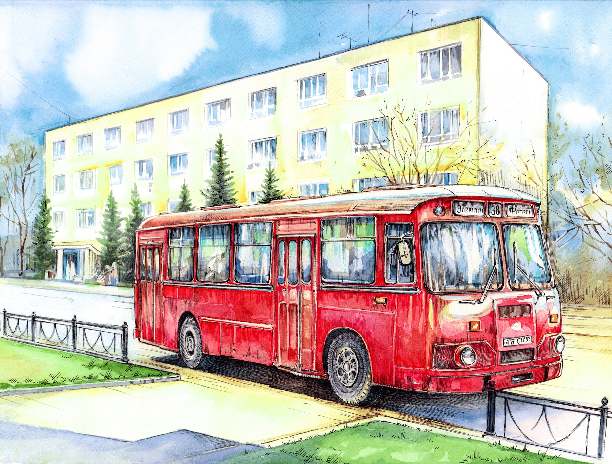 ЛиАЗ-677 Красный.Акварель, тушь, 2022