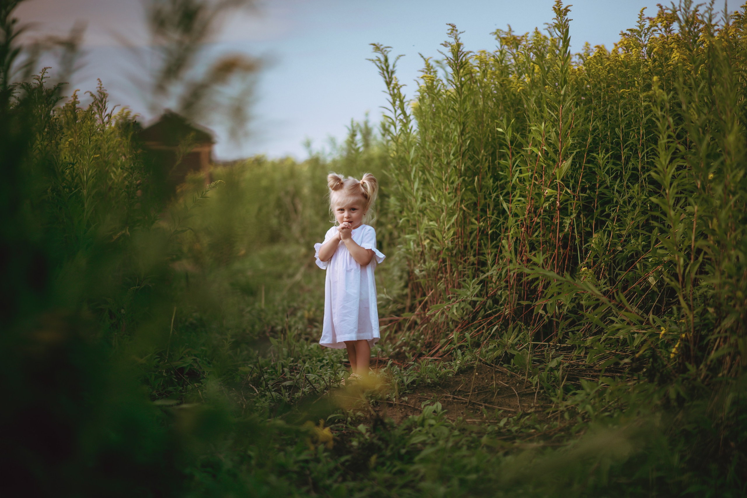 Little girl standing in tall grass and smiling