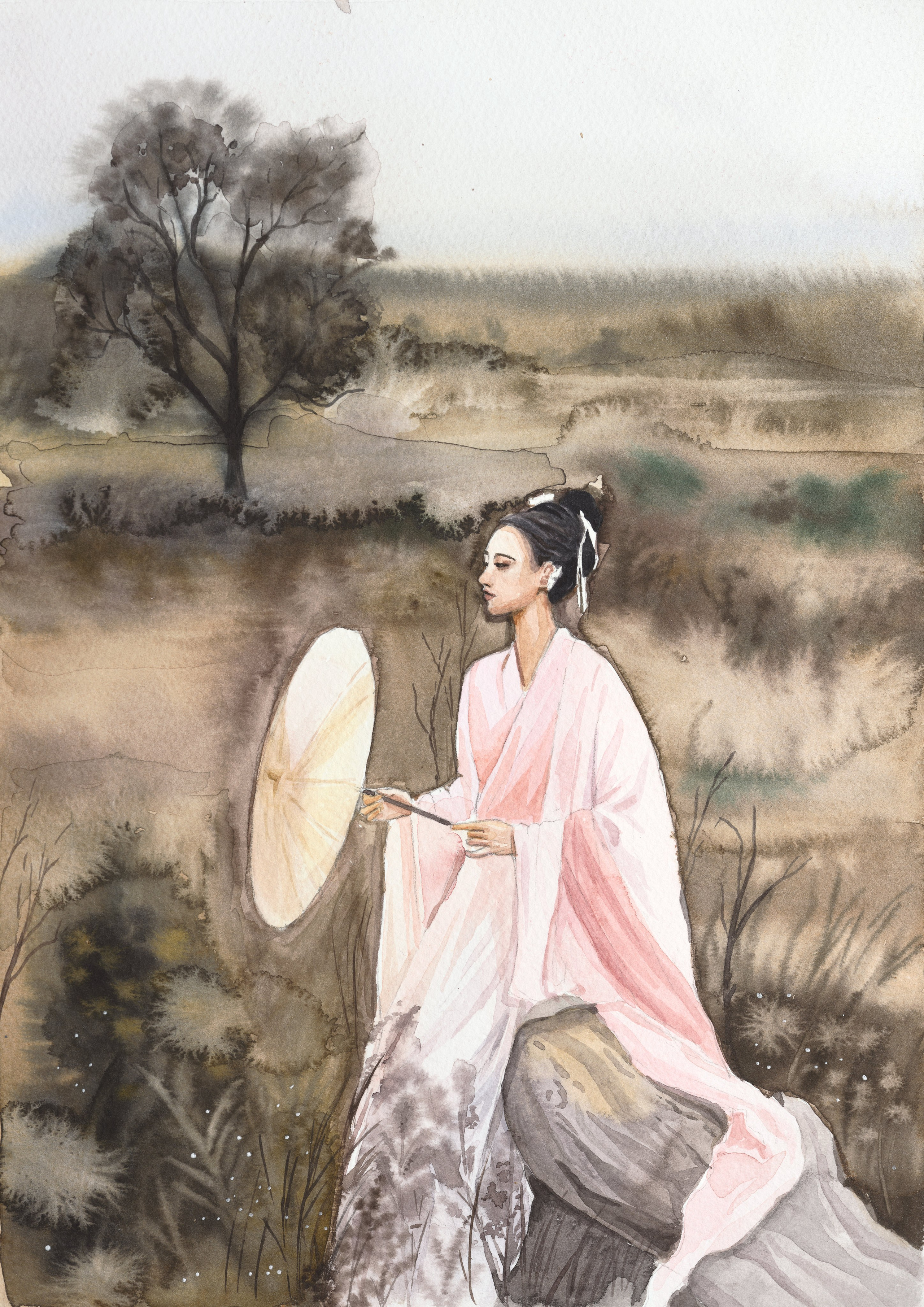 «Девушка в поле» - художник Татьяна Аксёнова (бумага, акварель, 29,7x21 см, 2024)