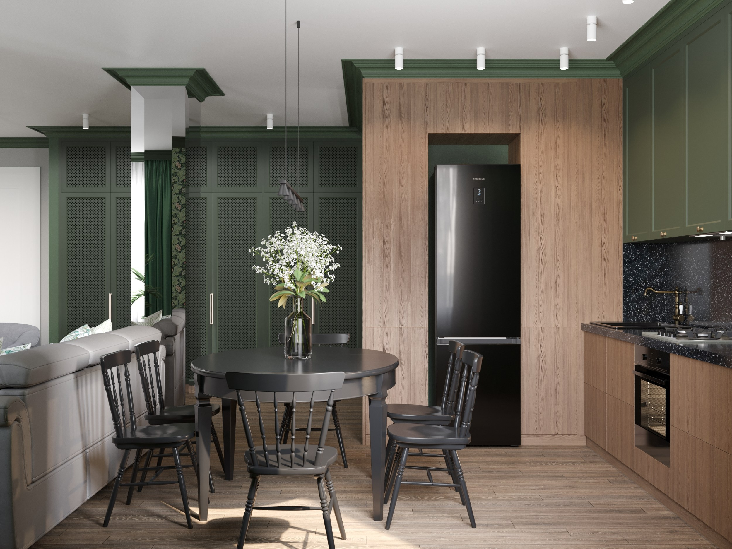 интерьер кухни в классическом стиле в зеленом цвете с натуральным деревом 