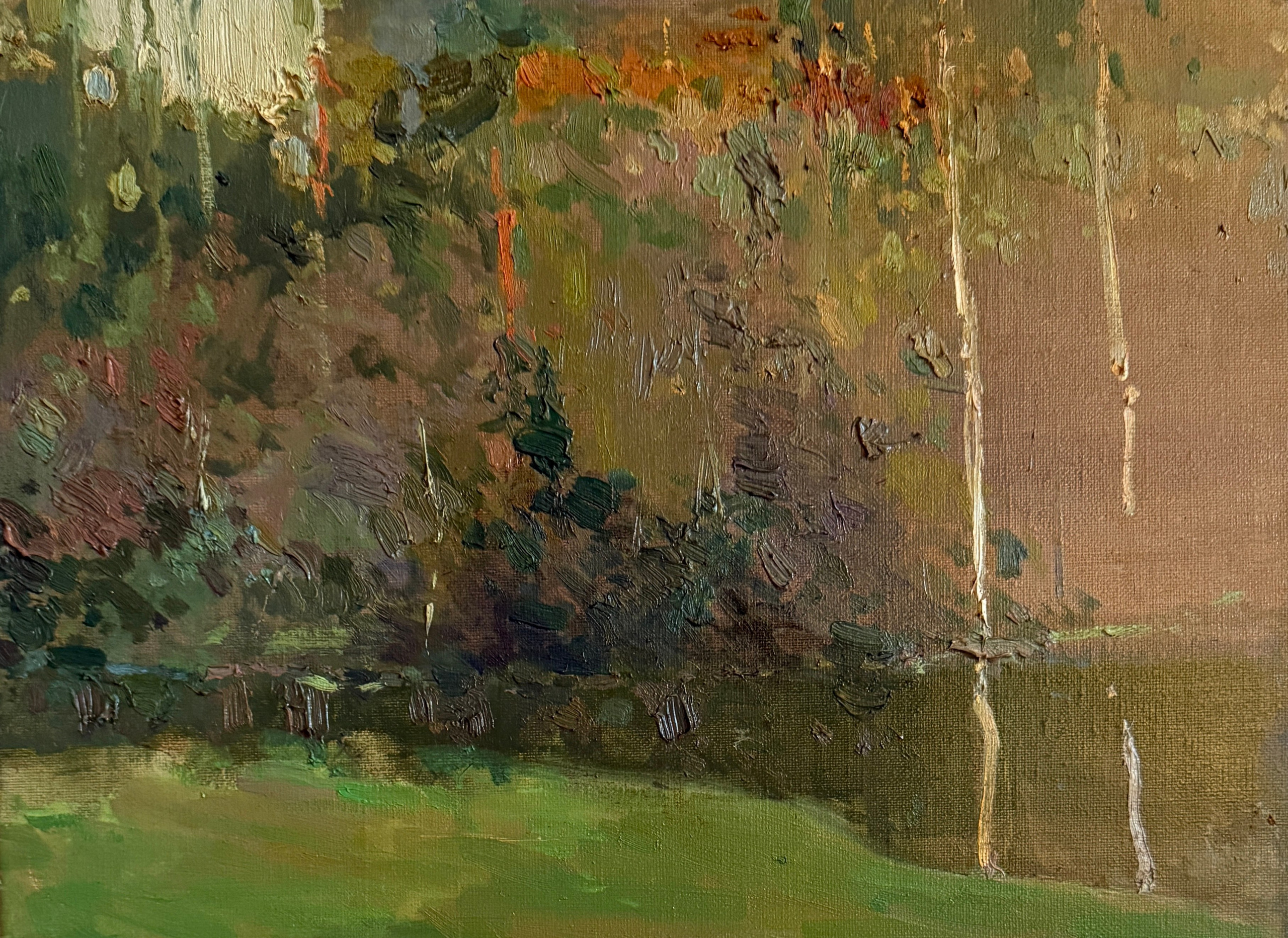 Закат в лесу, лесная сказка, лесной пейзаж, картина маслом, река в лесу