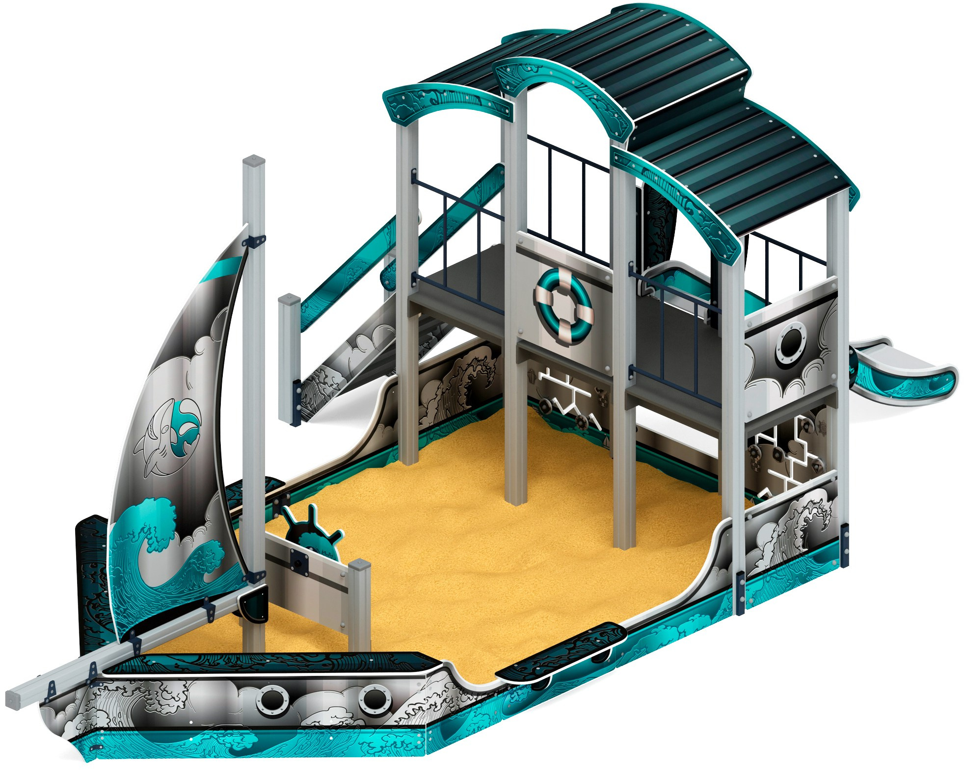 Парусник (Лагуна) - ДИК 2.03.3.01-05 - Игровой комплекс Н=1200                                                                                                    Габариты (ШхДхВ): 7760х3950х3500                                                                                                                                                                     Зона безопасности, мм: 11260х6950                                                                                                                                                                 Скат горки: H=1200 (металлический скат)                                                                                                                                           Возрастные ограничения от 5 до 12 лет