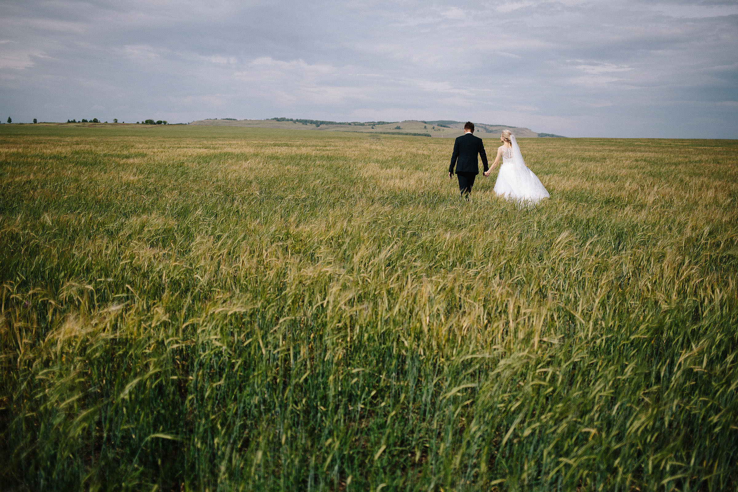 Молодая свадебная пара в поле Андрей Куликов