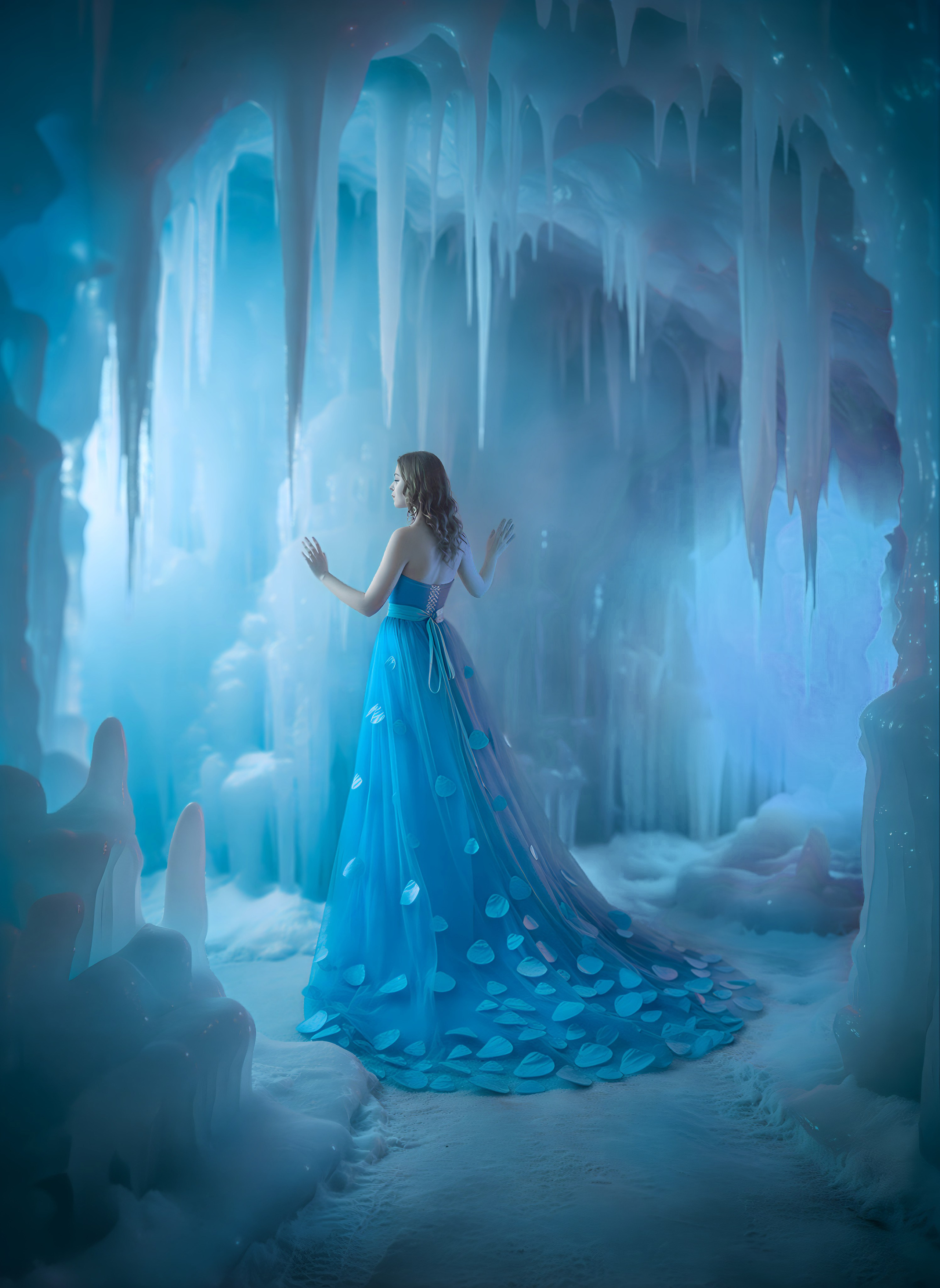 Фотосессия в гротах Байкала в голубом платье