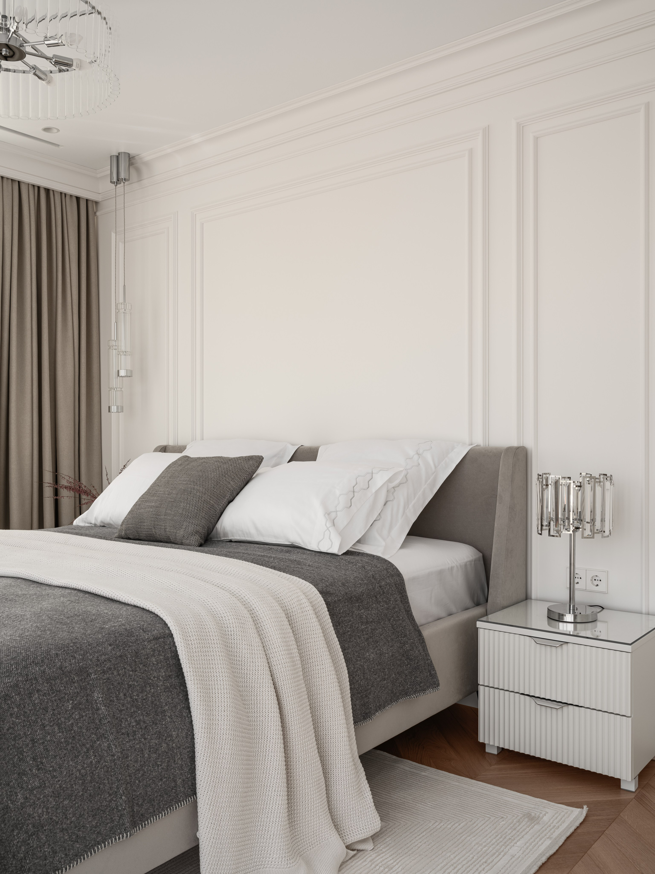 Интерьер спальни в спокойных серо-бежевых тонах с кроватью и прикроватной тумбой, текстильным декором и настольной лампой — элегантный минимализм в проекте дизайнера Алёны Боярской, стилист Наталья Якушева, фотограф Сергей Денисенко.